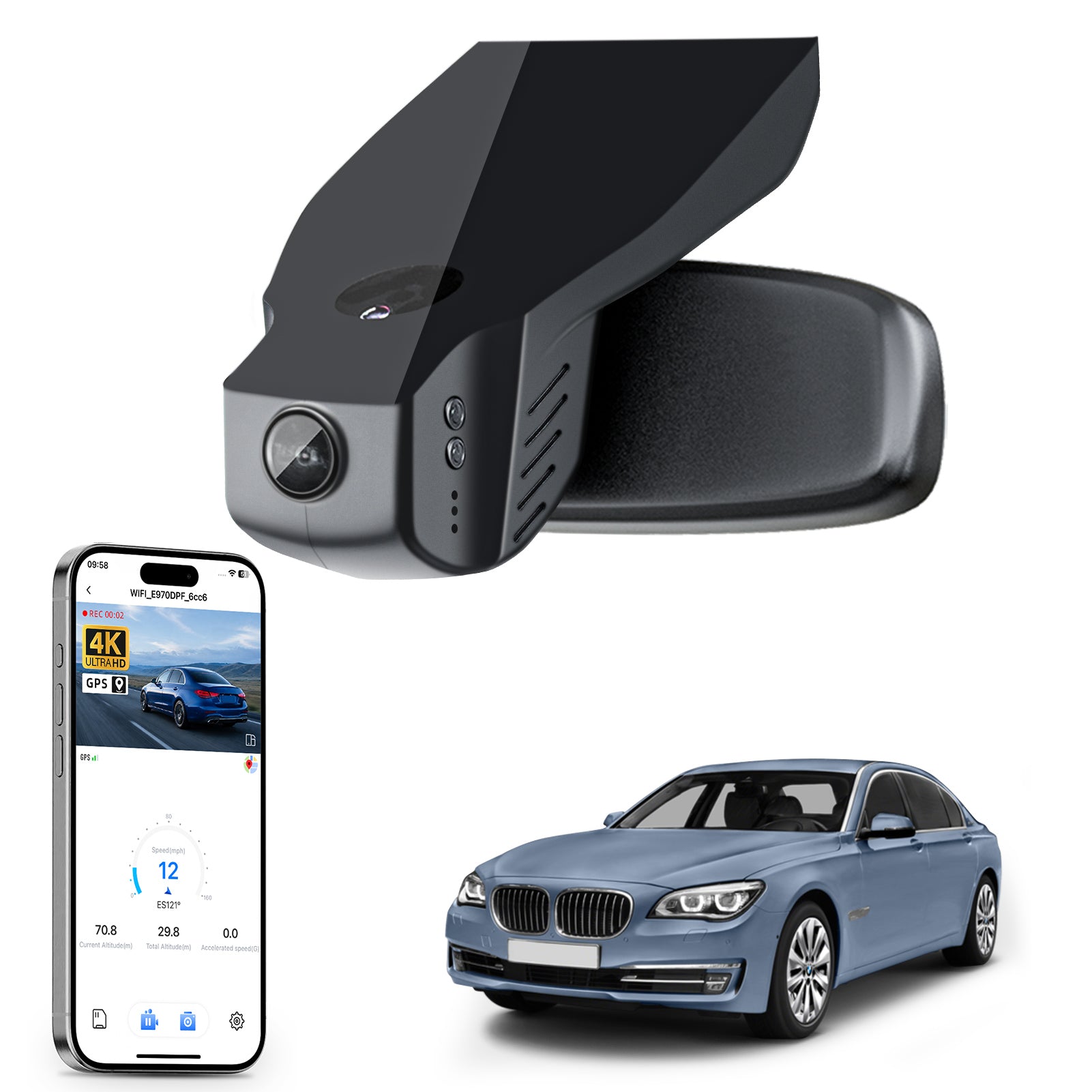 Mangoal rearview mirror built-in dash cam with smartphone app control, 4K Ultra HD recording, GPS tracking, and BMW 7 Series Gen5 models in the background.