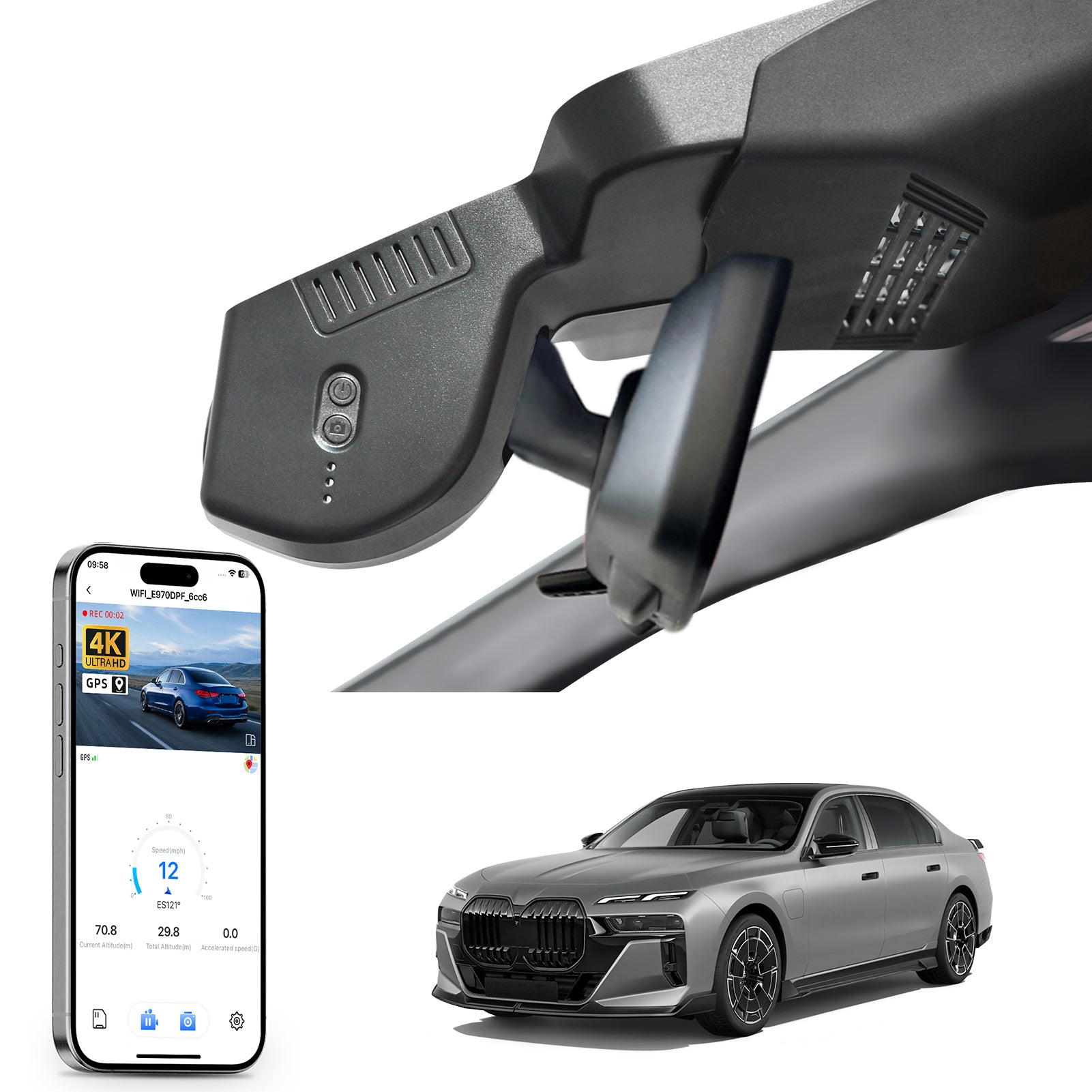 Mangoal rearview mirror built-in dash cam with smartphone app control, 4K Ultra HD recording, GPS tracking, and BMW 7 Series Gen7 models in the background.