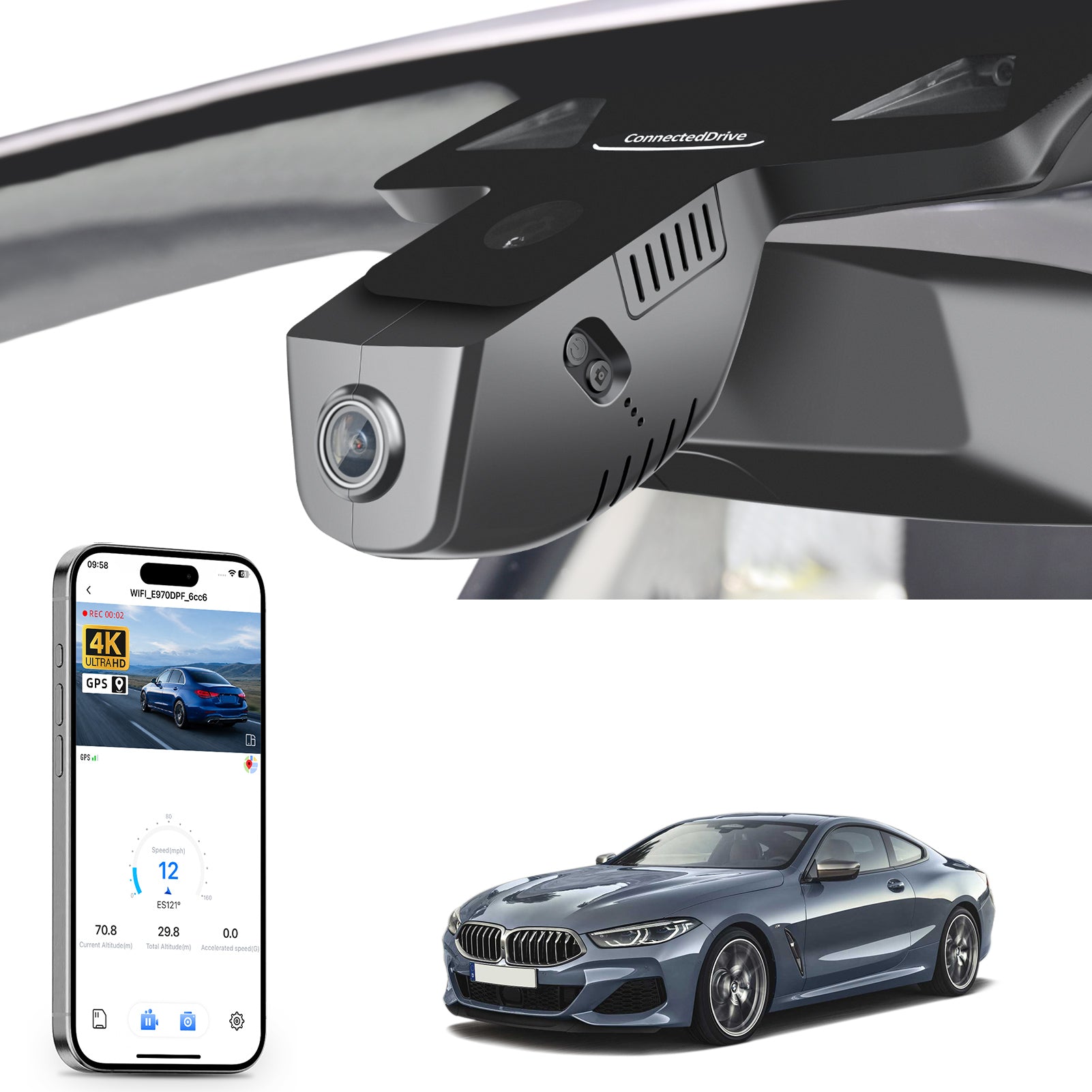 Mangoal rearview mirror built-in dash cam with smartphone app control, 4K Ultra HD recording, GPS tracking, and BMW 8 Series Gen2 models in the background.