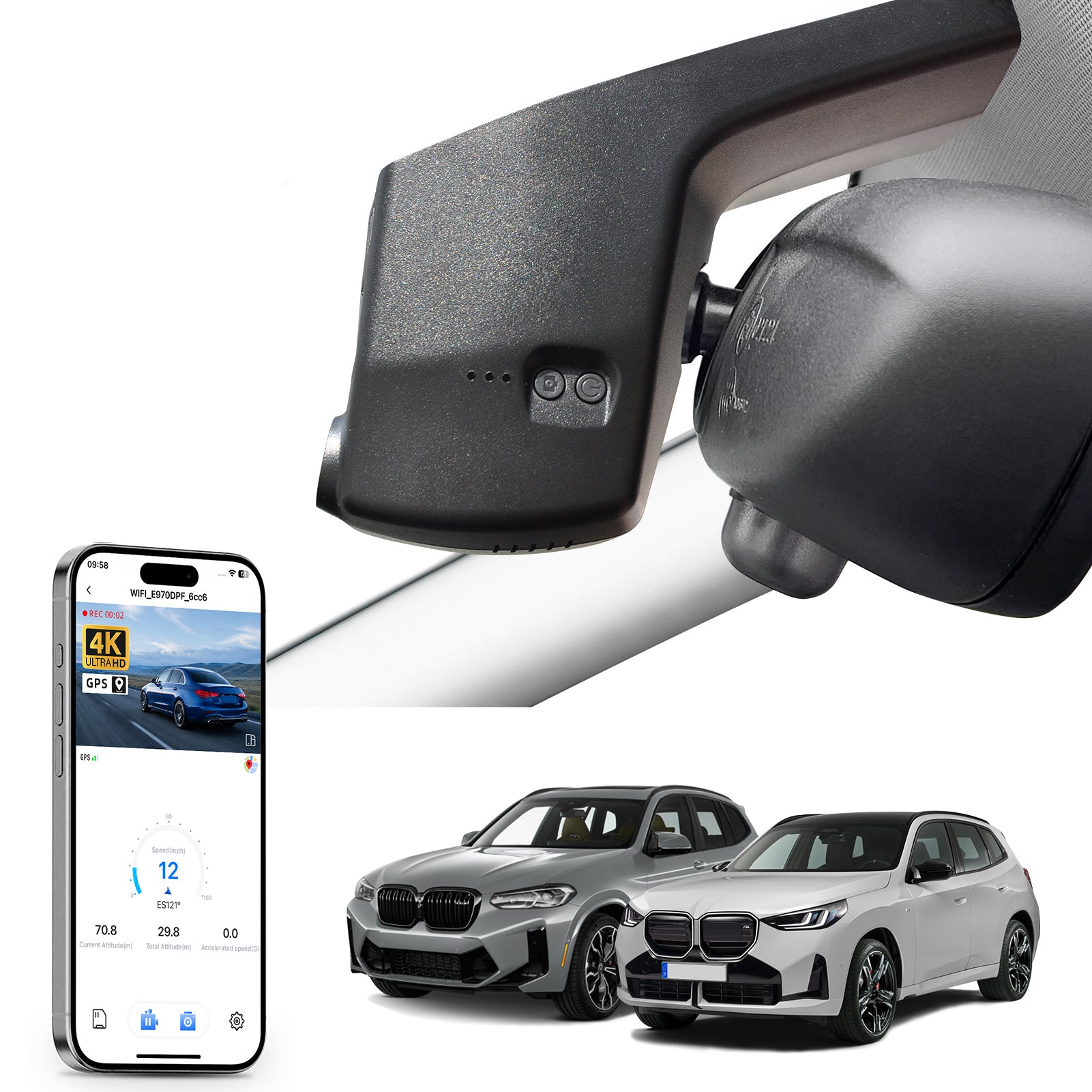 Mangoal rearview mirror built-in dash cam with smartphone app control, 4K Ultra HD recording, GPS tracking, and BMW X3 Gen3 models in the background