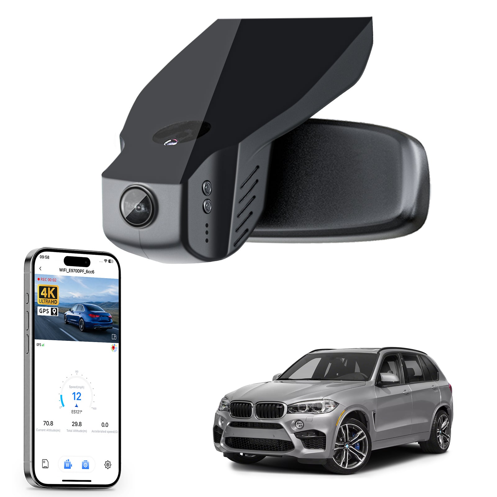 Mangoal rearview mirror built-in dash cam with smartphone app control, 4K Ultra HD recording, GPS tracking, and BMW X5 Gen3 models in the background.