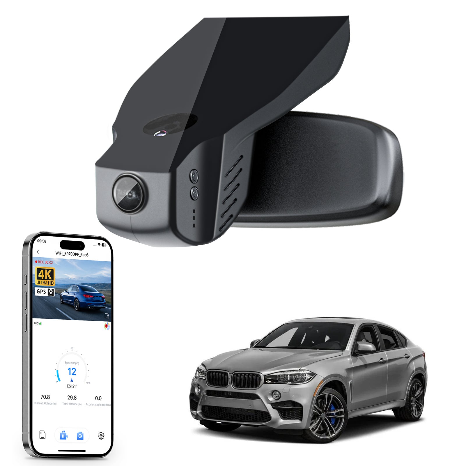 Mangoal rearview mirror built-in dash cam with smartphone app control, 4K Ultra HD recording, GPS tracking, and BMW X6 Gen2 models in the background.