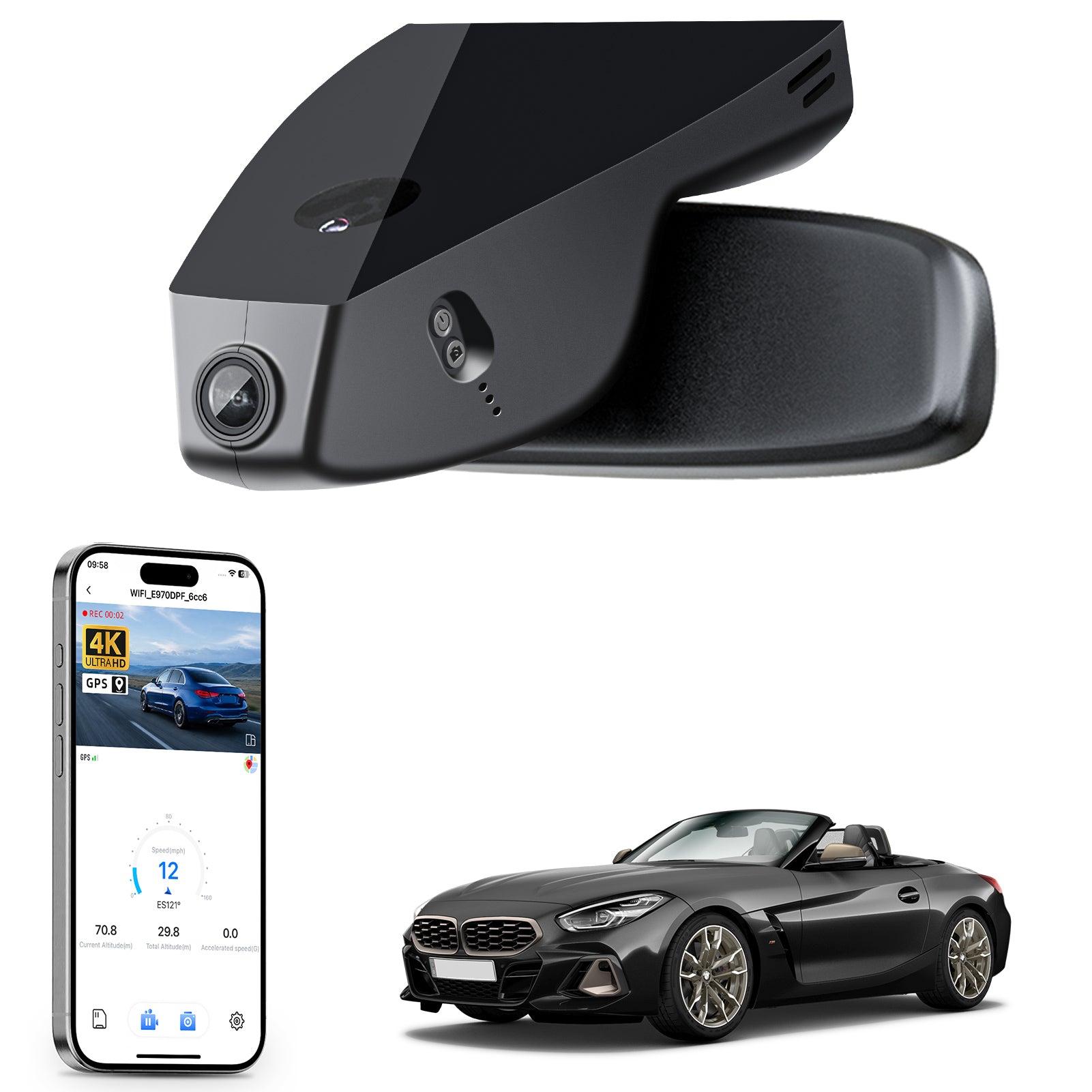 Mangoal rearview mirror built-in dash cam with smartphone app control, 4K Ultra HD recording, GPS tracking, and BMW Z4 models in the background.