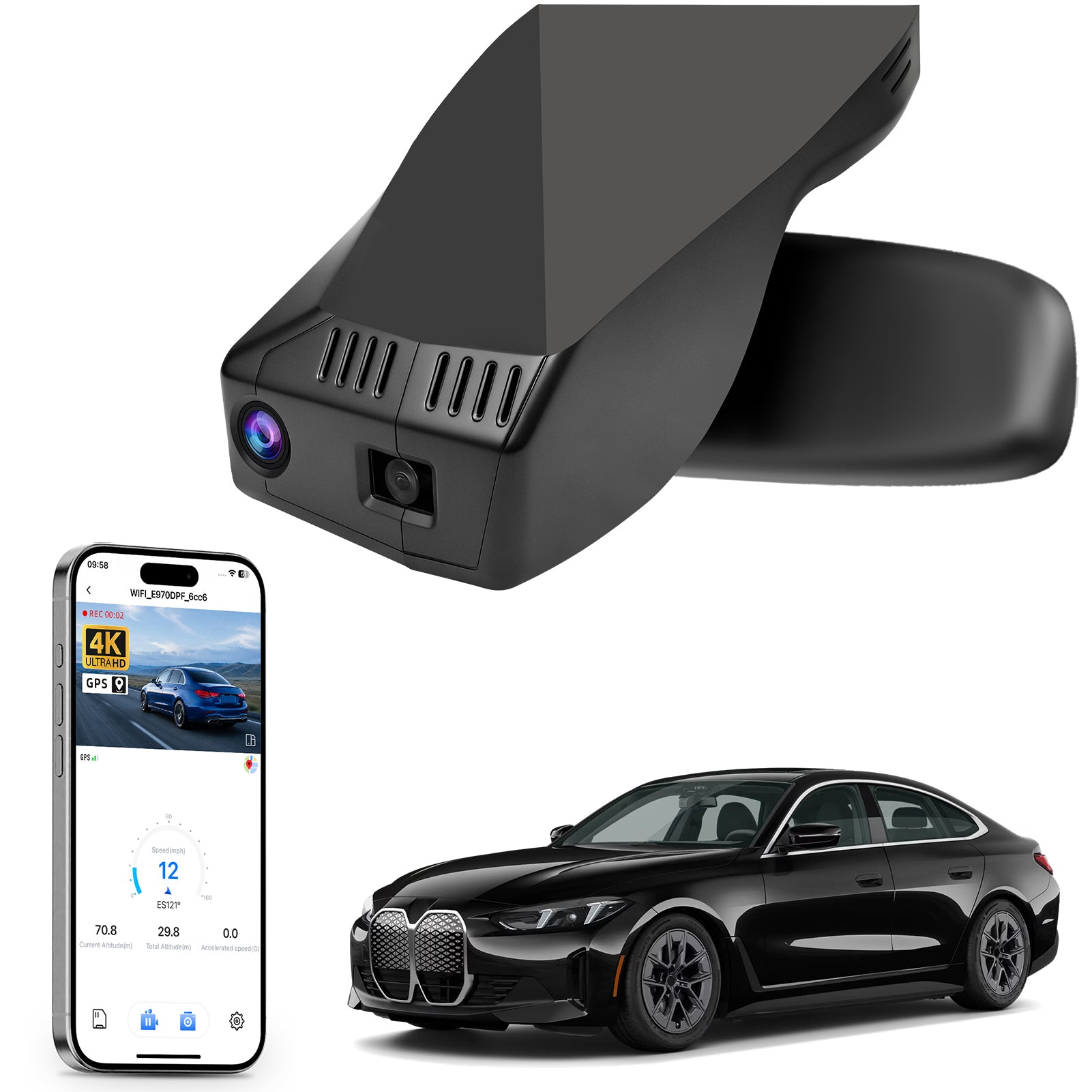 Mangoal rearview mirror built-in dash cam with smartphone app control, 4K Ultra HD recording, GPS tracking, and BMW i4 models in the background.