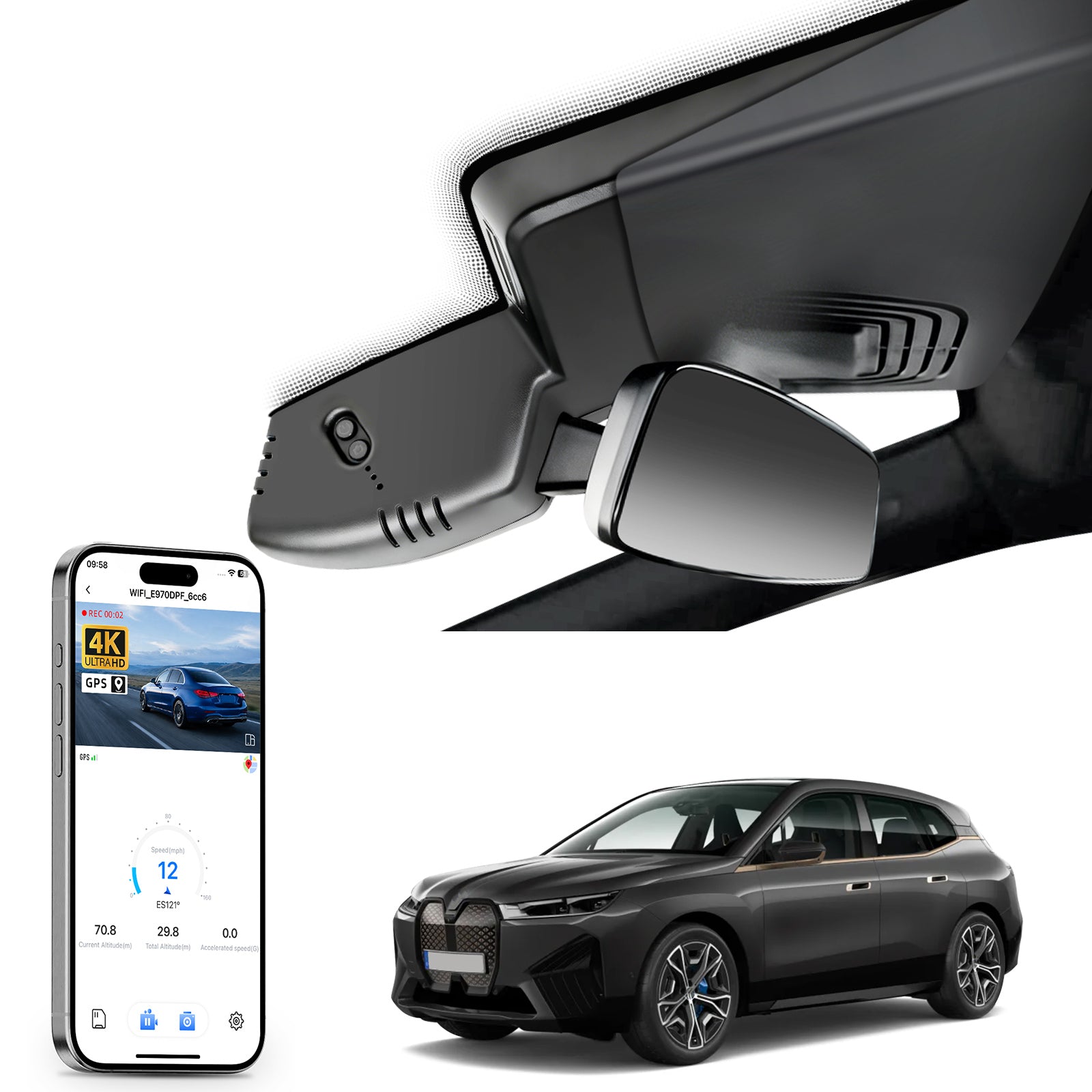 Mangoal rearview mirror built-in dash cam with smartphone app control, 4K Ultra HD recording, GPS tracking, and BMW iX models in the background.