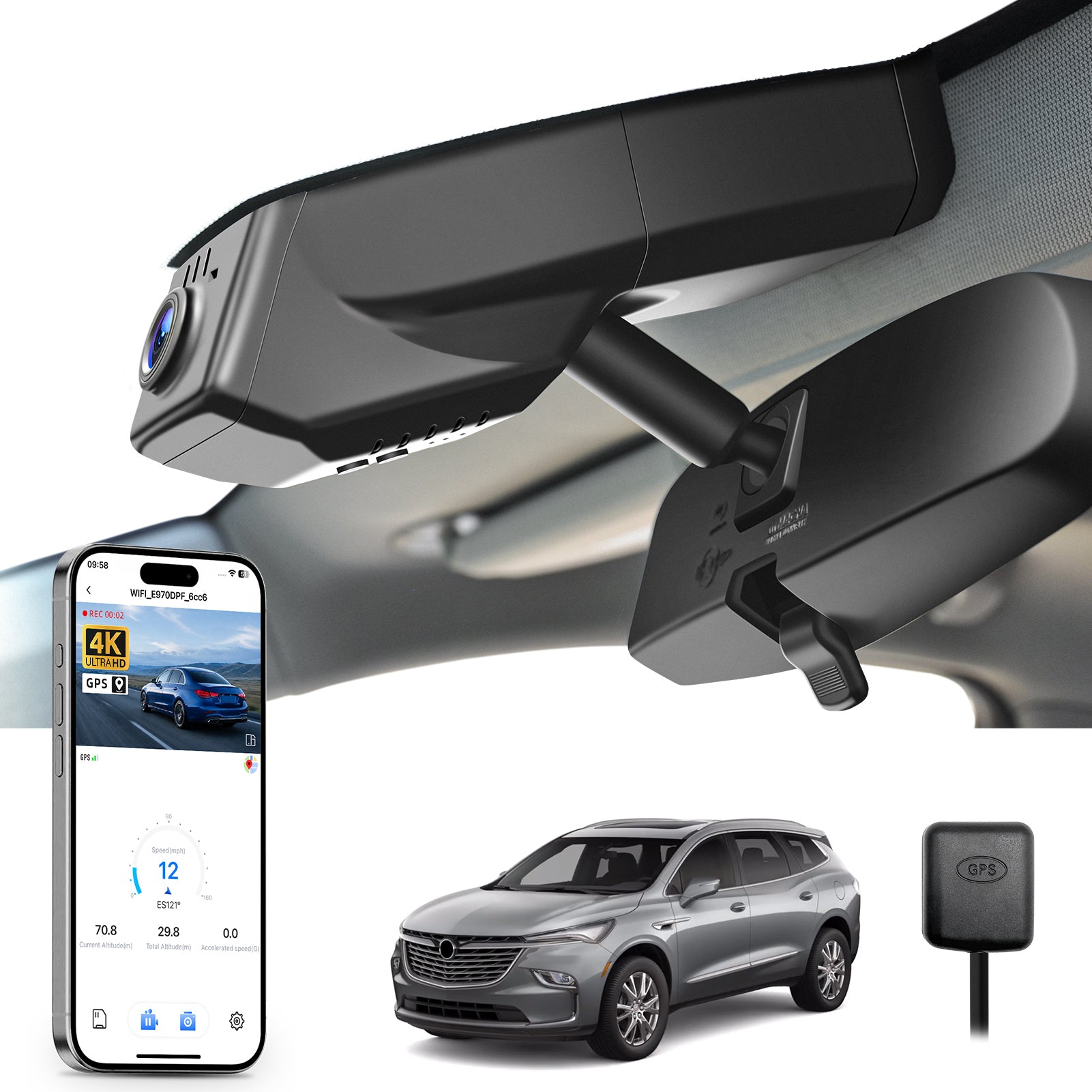 Mangoal rearview mirror built-in dash cam with smartphone app control, 4K Ultra HD recording, GPS tracking, and Buick Enclave models in the background.