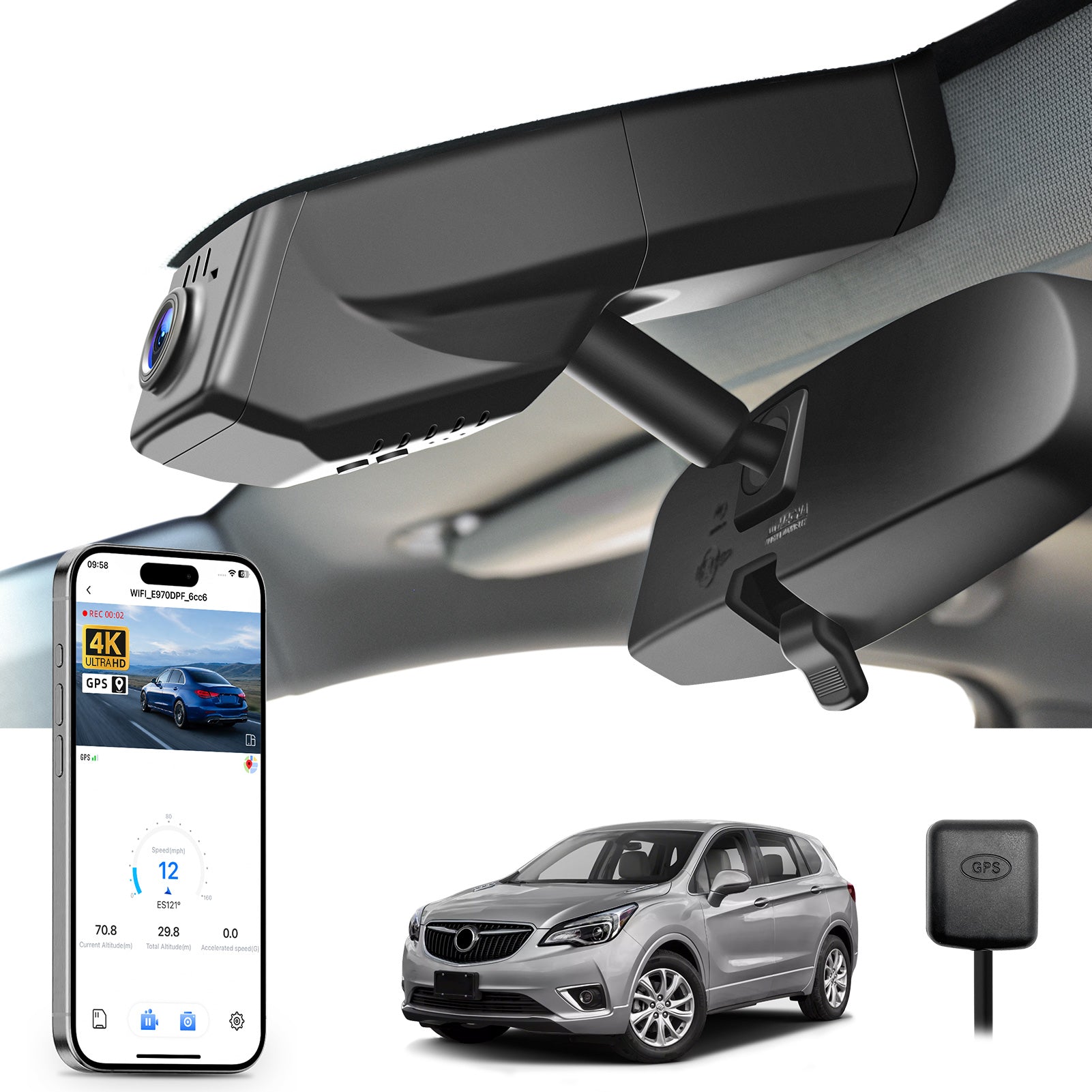 Mangoal rearview mirror built-in dash cam with smartphone app control, 4K Ultra HD recording, GPS tracking, and Buick Envision models in the background.