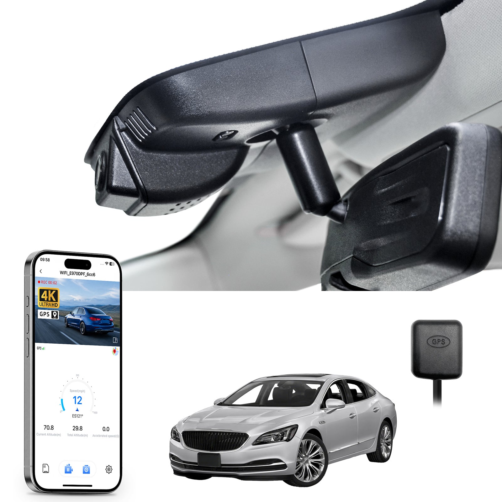Mangoal rearview mirror built-in dash cam with smartphone app control, 4K Ultra HD recording, GPS tracking, and Buick Lacrosse models in the background.