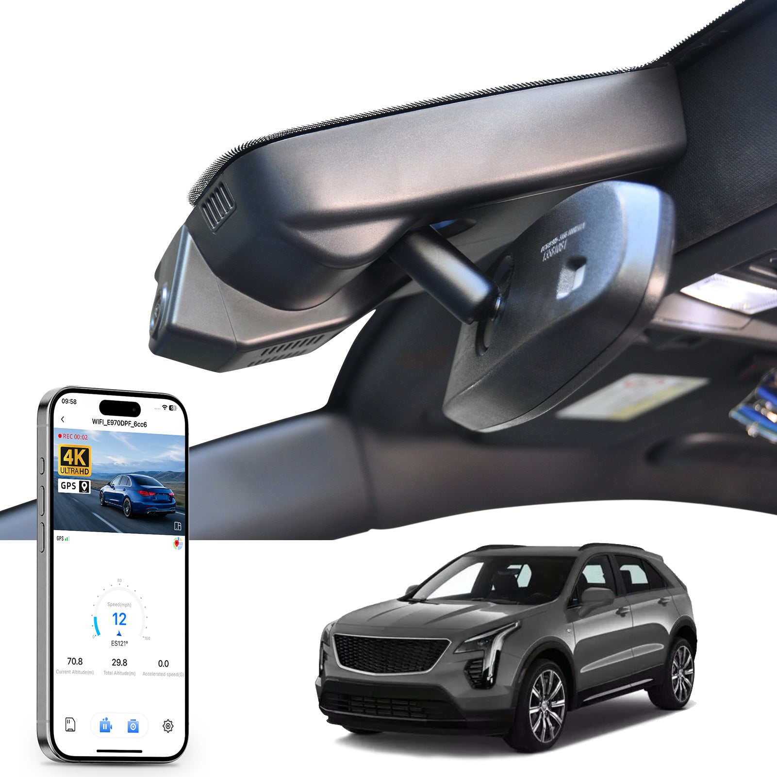 Mangoal rearview mirror built-in dash cam with smartphone app control, 4K Ultra HD recording, GPS tracking, and Cadillac XT4 models in the background.