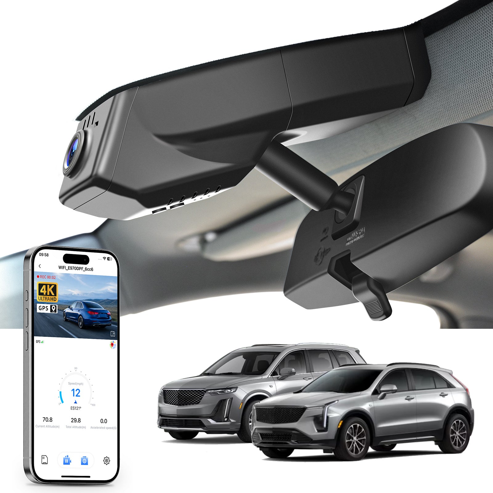 Mangoal rearview mirror built-in dash cam with smartphone app control, 4K Ultra HD recording, GPS tracking, and Cadillac XT5 models in the background.