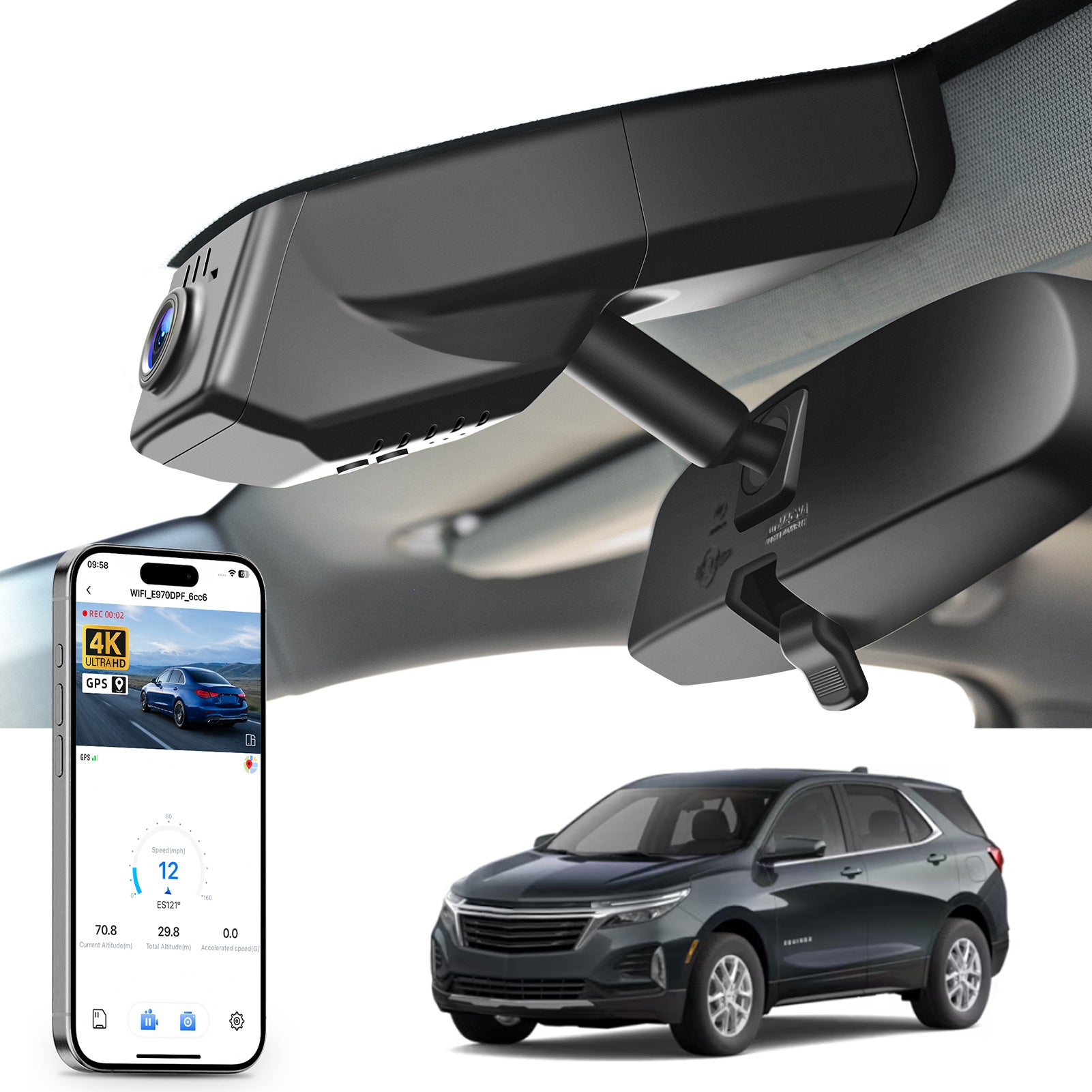 Mangoal rearview mirror built-in dash cam with smartphone app control, 4K Ultra HD recording, GPS tracking, and Chevy Equinox models in the background.