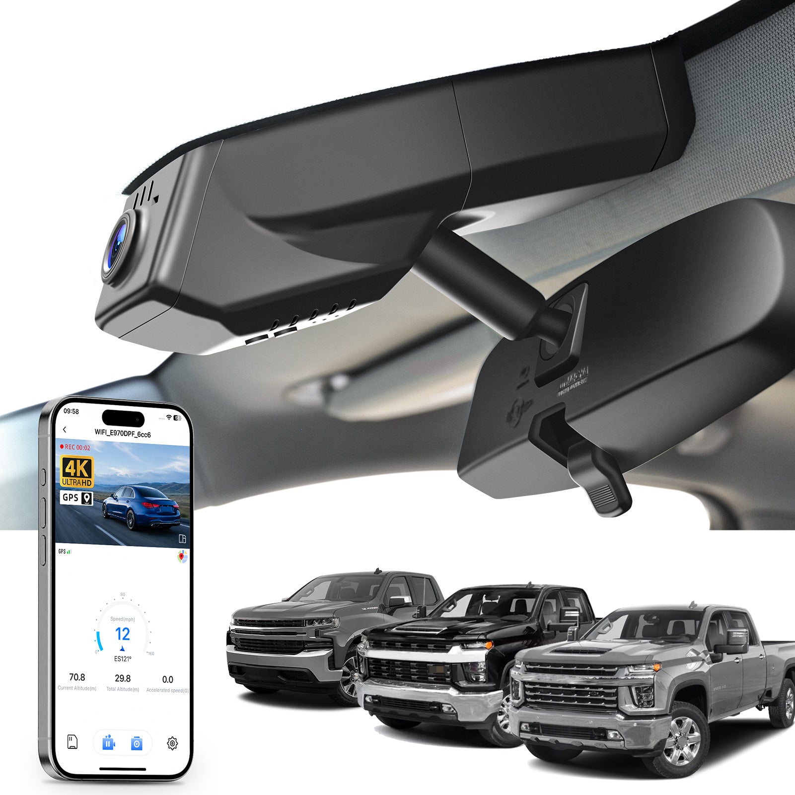 Mangoal rearview mirror built-in dash cam with smartphone app control, 4K Ultra HD recording, GPS tracking, and Chevy Silverado models in the background.