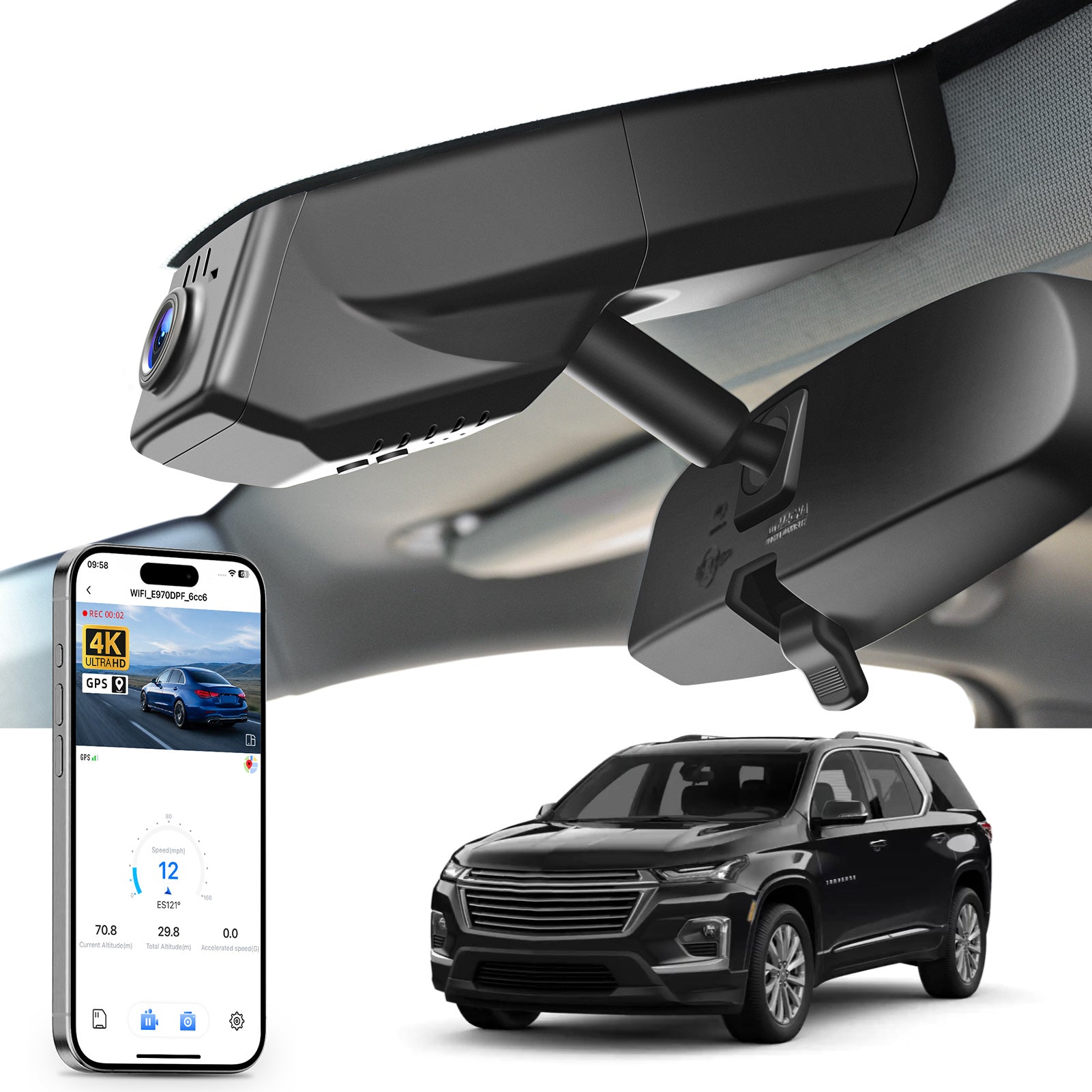Mangoal rearview mirror built-in dash cam with smartphone app control, 4K Ultra HD recording, GPS tracking, and Chevy Traverse models in the background.