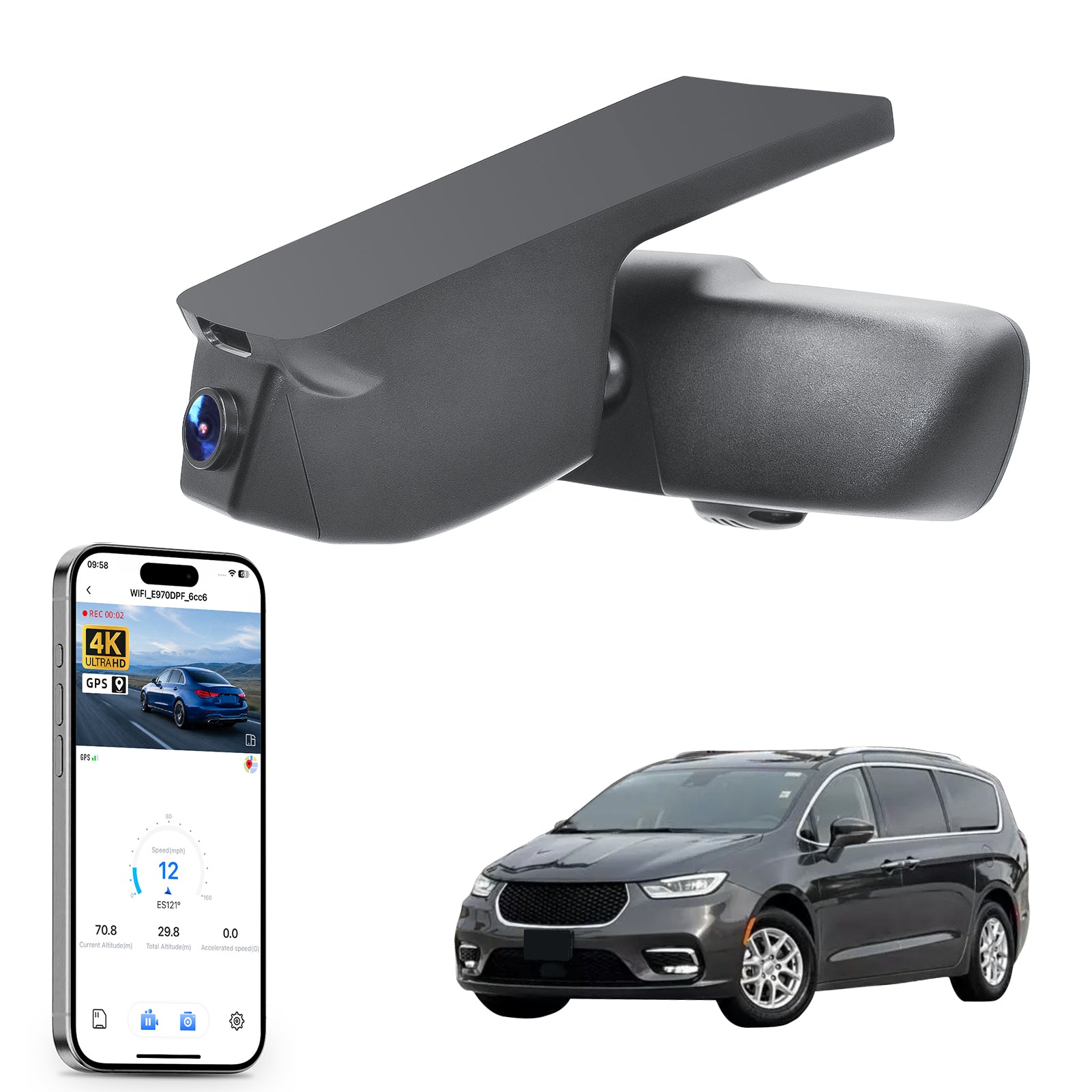 Mangoal rearview mirror built-in dash cam with smartphone app control, 4K Ultra HD recording, GPS tracking, and Chrysler Pacifica models in the background.