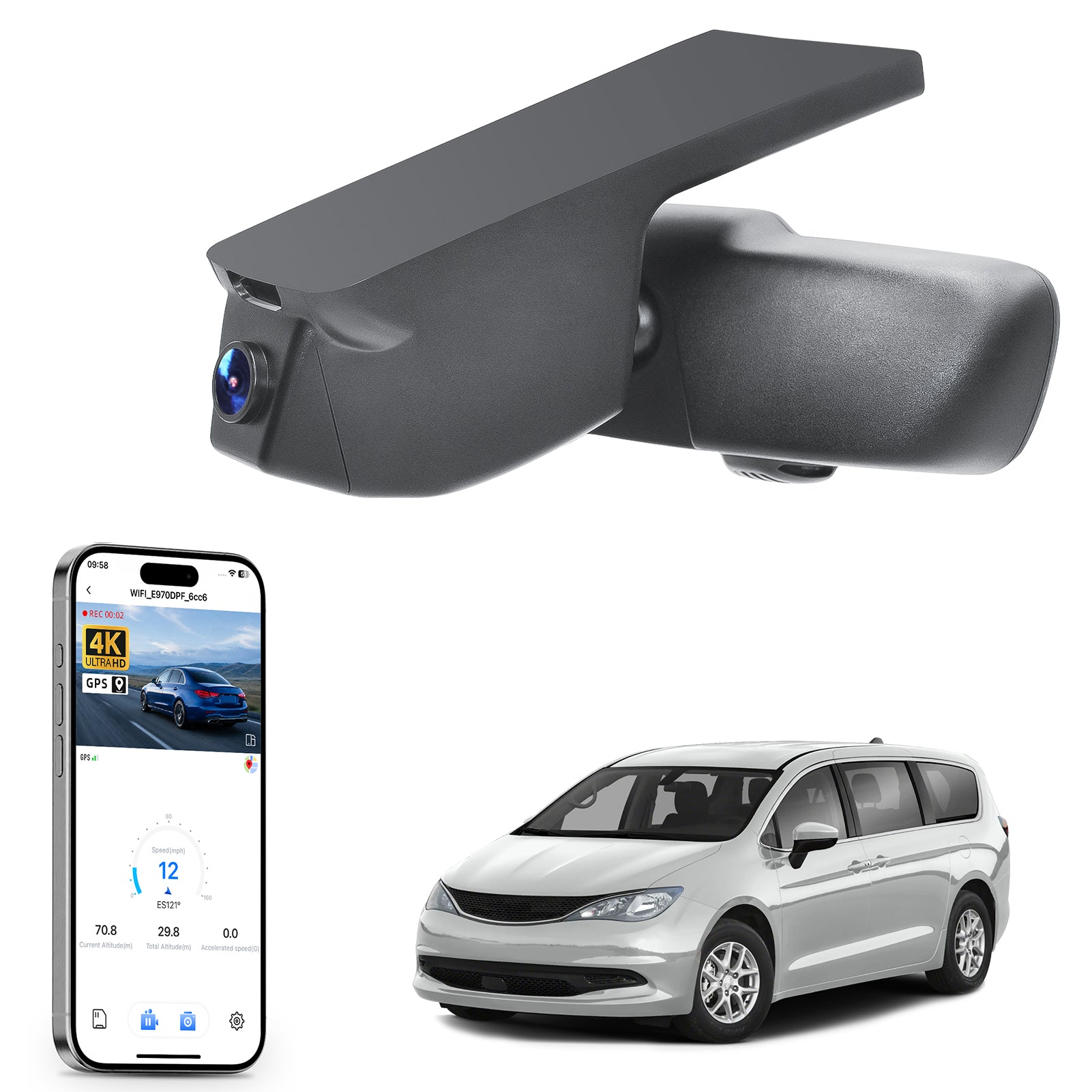 Mangoal rearview mirror built-in dash cam with smartphone app control, 4K Ultra HD recording, GPS tracking, and Chrysler Voyager models in the background.
