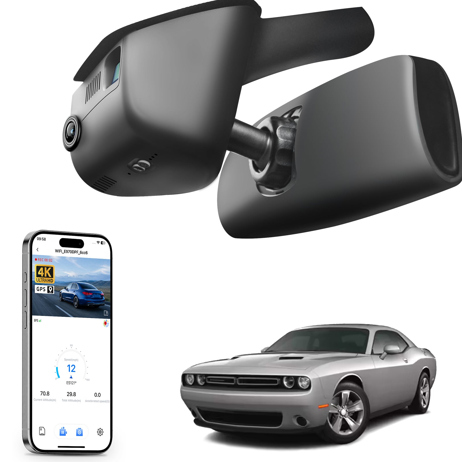 Mangoal rearview mirror built-in dash cam with smartphone app control, 4K Ultra HD recording, GPS tracking, and Dodge Challenger models in the background.