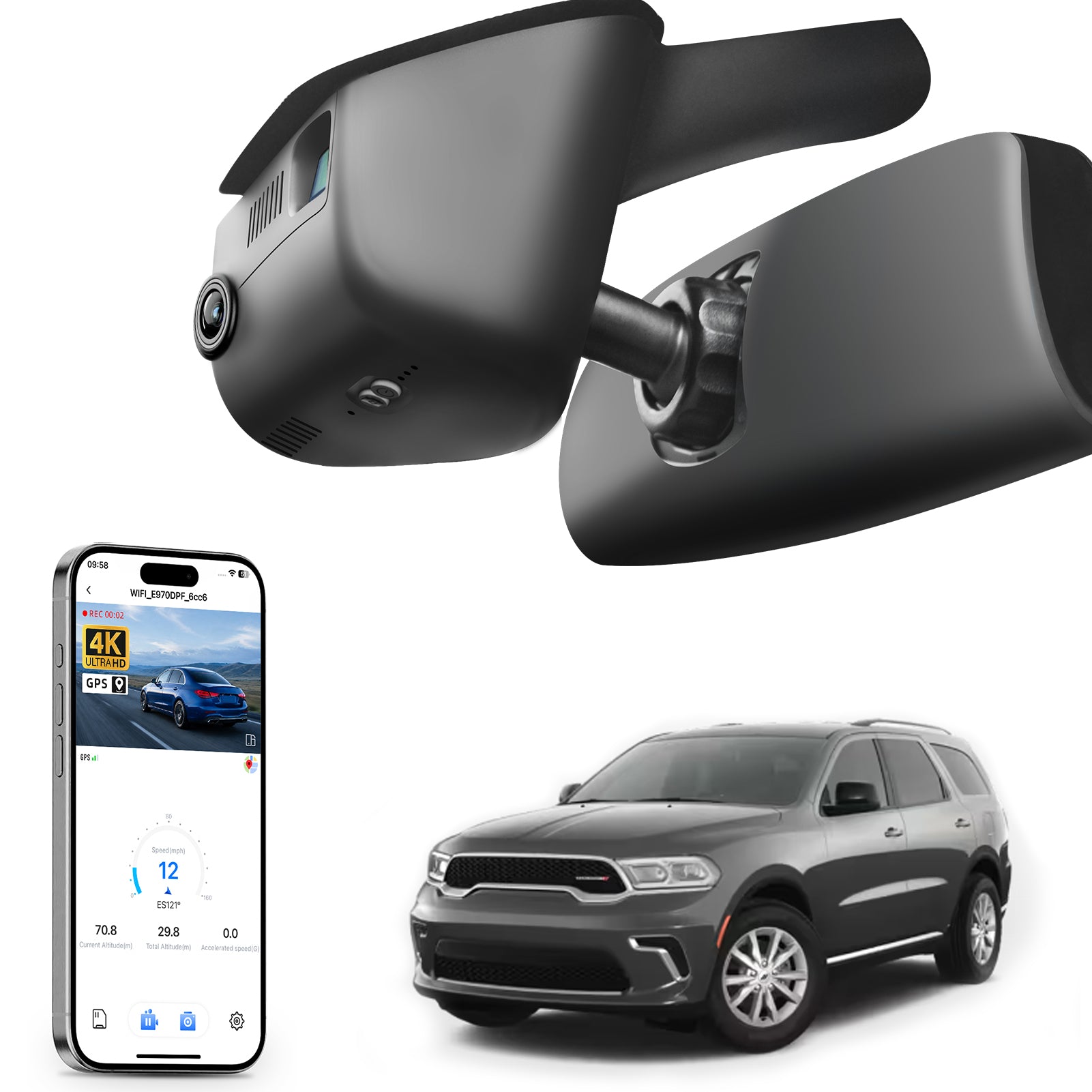 Mangoal rearview mirror built-in dash cam with smartphone app control, 4K Ultra HD recording, GPS tracking, and Dodge Durango models in the background.