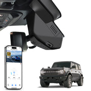 Mangoal rearview mirror built-in dash cam with smartphone app control, 4K Ultra HD recording, GPS tracking, and Ford Bronco models in the background.