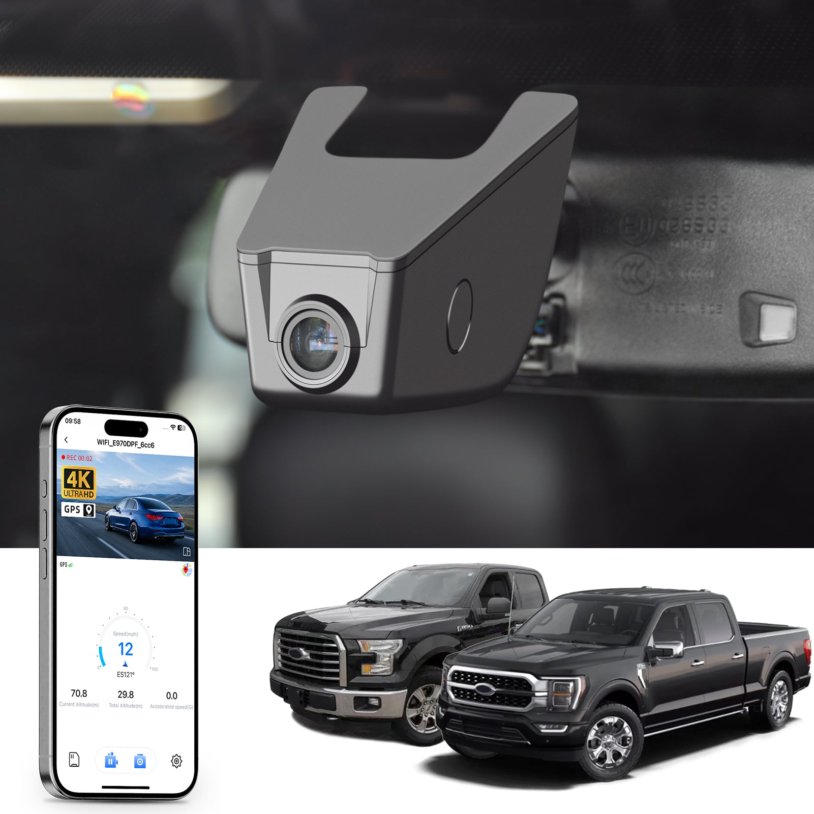 Mangoal rearview mirror built-in dash cam with smartphone app control, 4K Ultra HD recording, GPS tracking, and Ford F Series models in the background.
