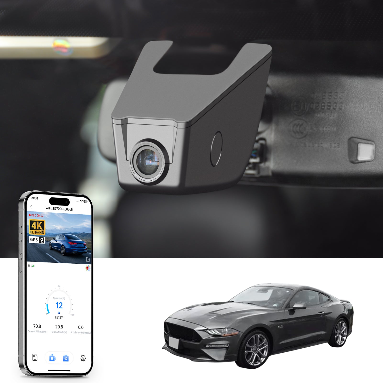 Mangoal rearview mirror built-in dash cam with smartphone app control, 4K Ultra HD recording, GPS tracking, and Ford Mustang models in the background.