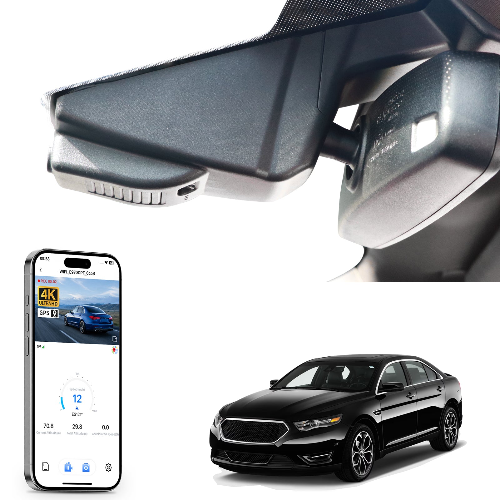 Mangoal rearview mirror built-in dash cam with smartphone app control, 4K Ultra HD recording, GPS tracking, and Ford Taurus models in the background.