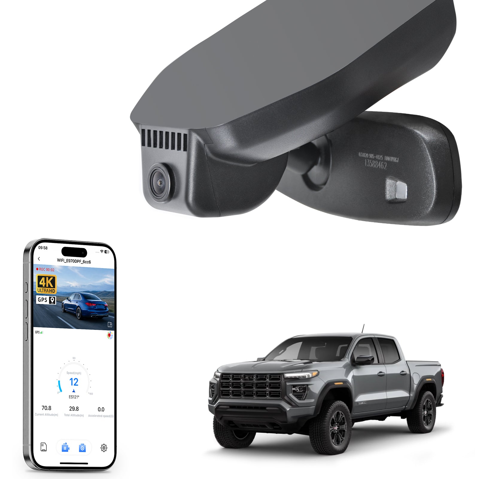 Mangoal rearview mirror built-in dash cam with smartphone app control, 4K Ultra HD recording, GPS tracking, and GMC Canyon models in the background.
