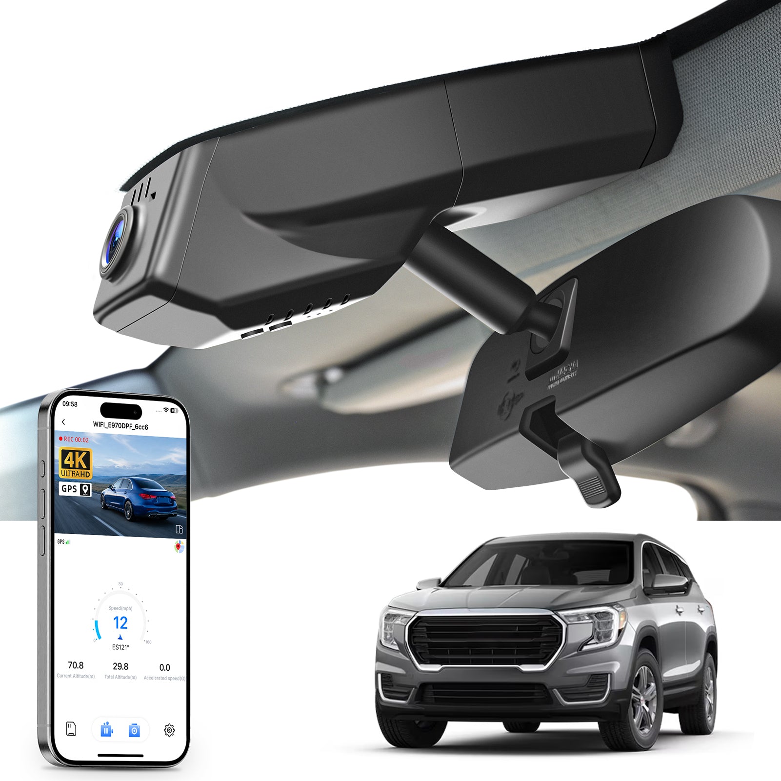 Mangoal rearview mirror built-in dash cam with smartphone app control, 4K Ultra HD recording, GPS tracking, and GMC Terrain models in the background.