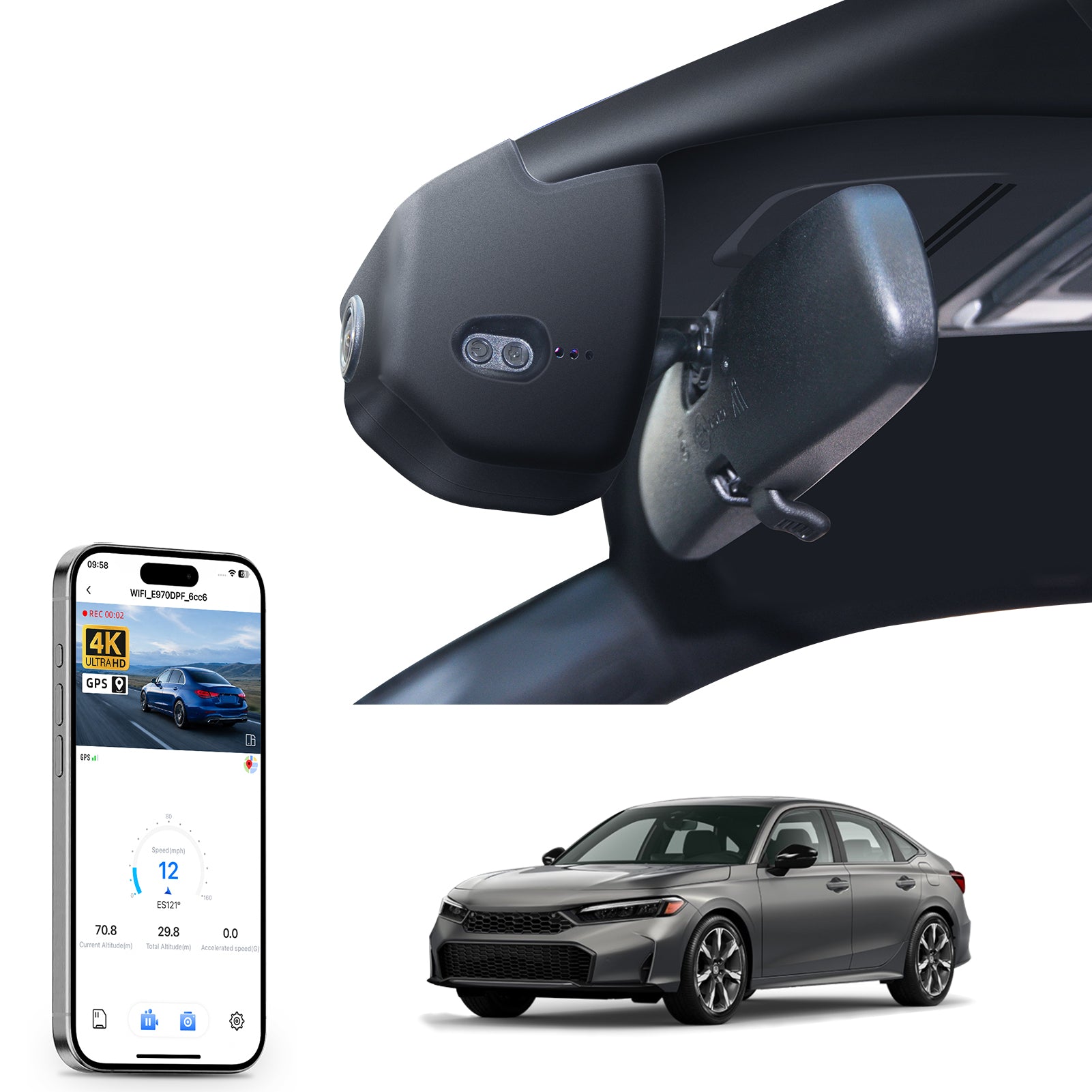 Mangoal rearview mirror built-in dash cam with smartphone app control, 4K Ultra HD recording, GPS tracking, and Honda Civic models in the background.