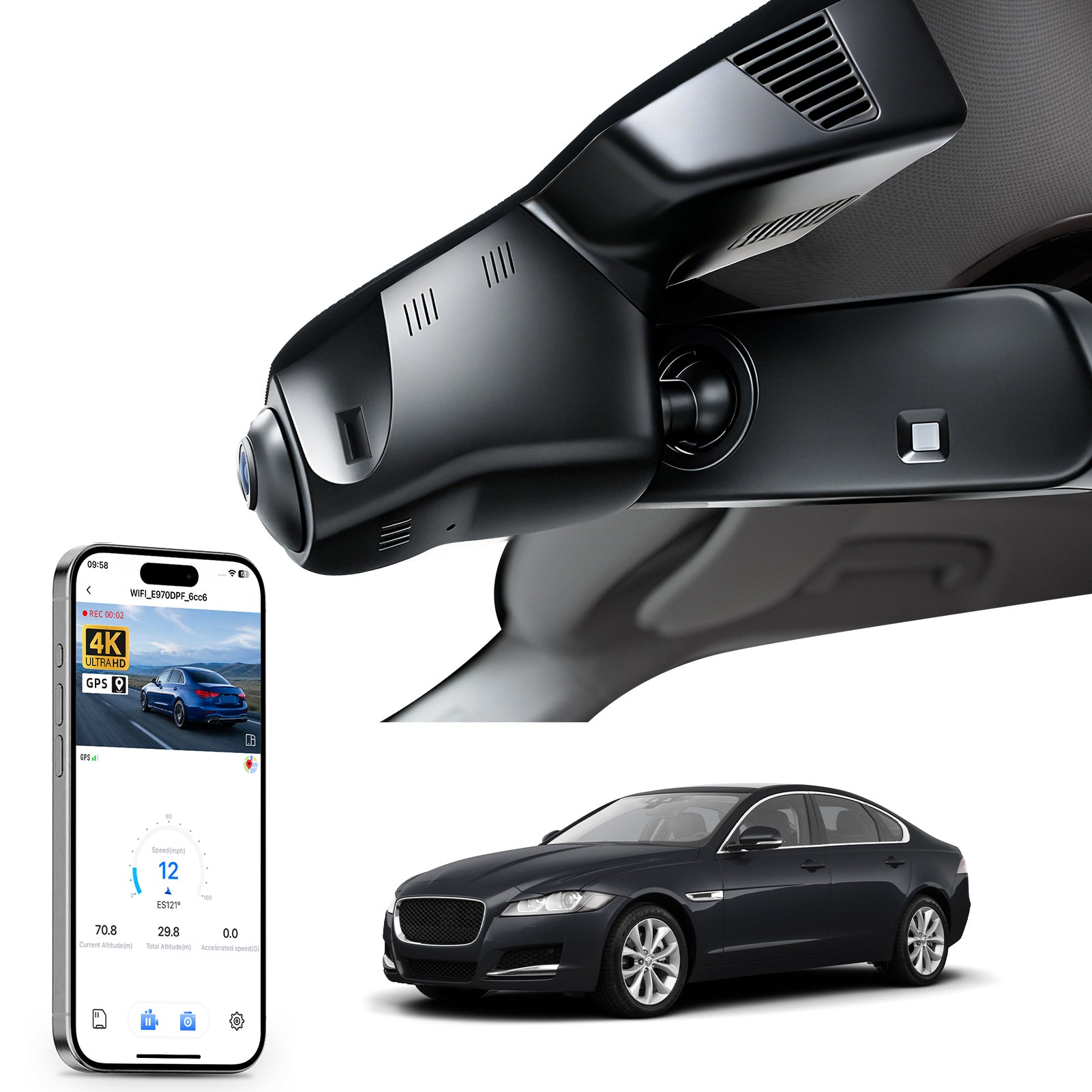 Mangoal rearview mirror built-in dash cam with smartphone app control, 4K Ultra HD recording, GPS tracking and Jaguar XF models in the background.