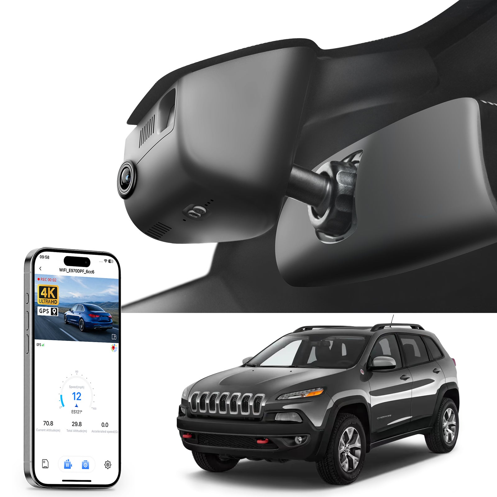 Mangoal rearview mirror built-in dash cam with smartphone app control, 4K Ultra HD recording, GPS tracking, and Jeep-Cherokee models in the background.