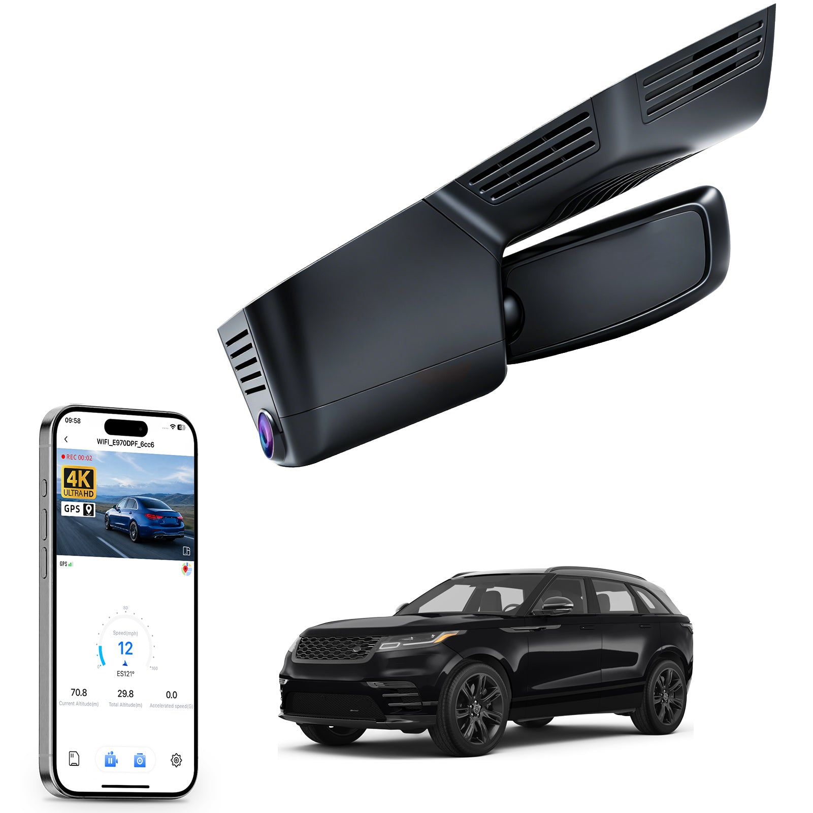 Mangoal rearview mirror built-in dash cam with smartphone app control, 4K Ultra HD recording, GPS tracking and Land Rover Range Roverr Velar models in the background.