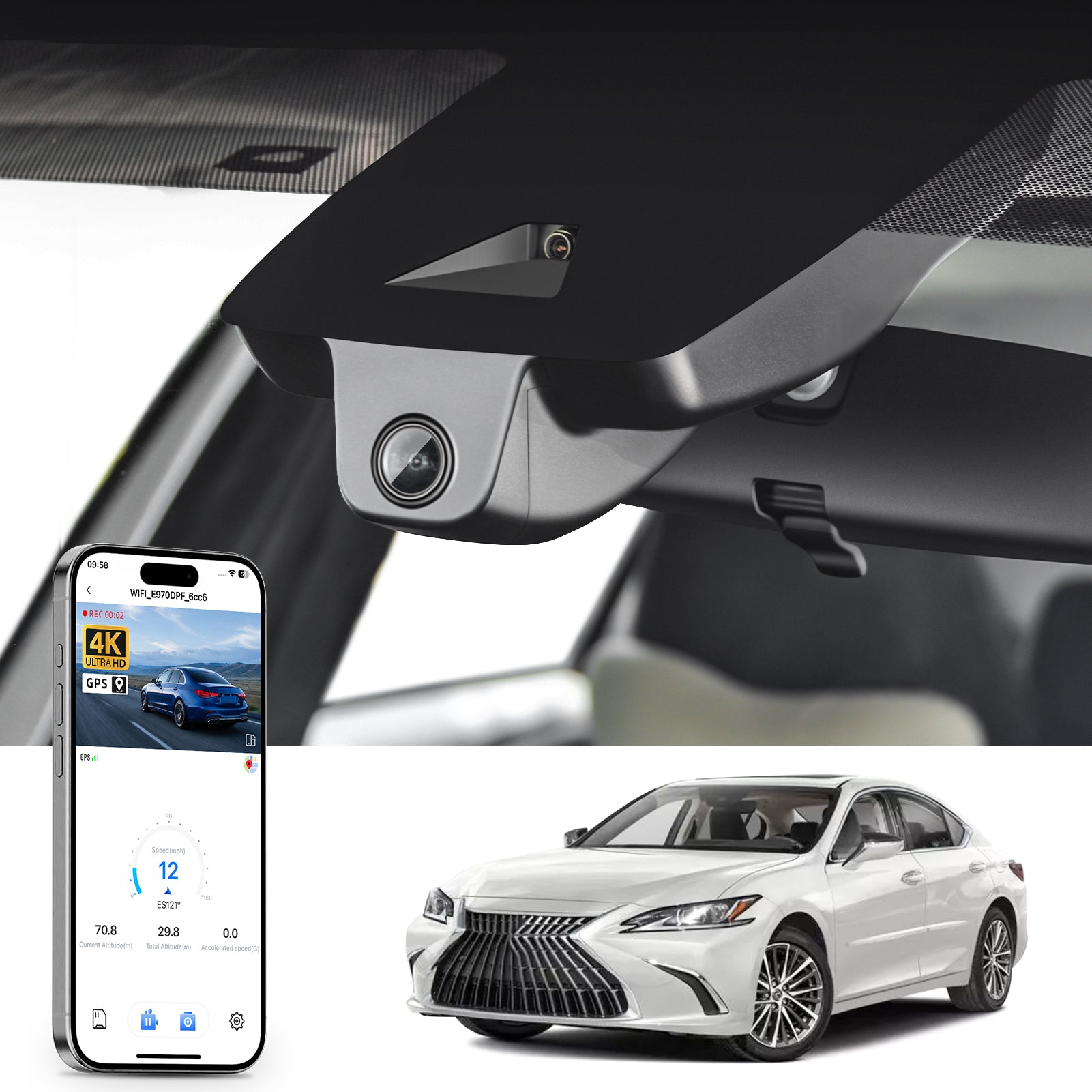 Mangoal rearview mirror built-in dash cam with smartphone app control, 4K Ultra HD recording, GPS tracking, and Lexus ES models in the background.