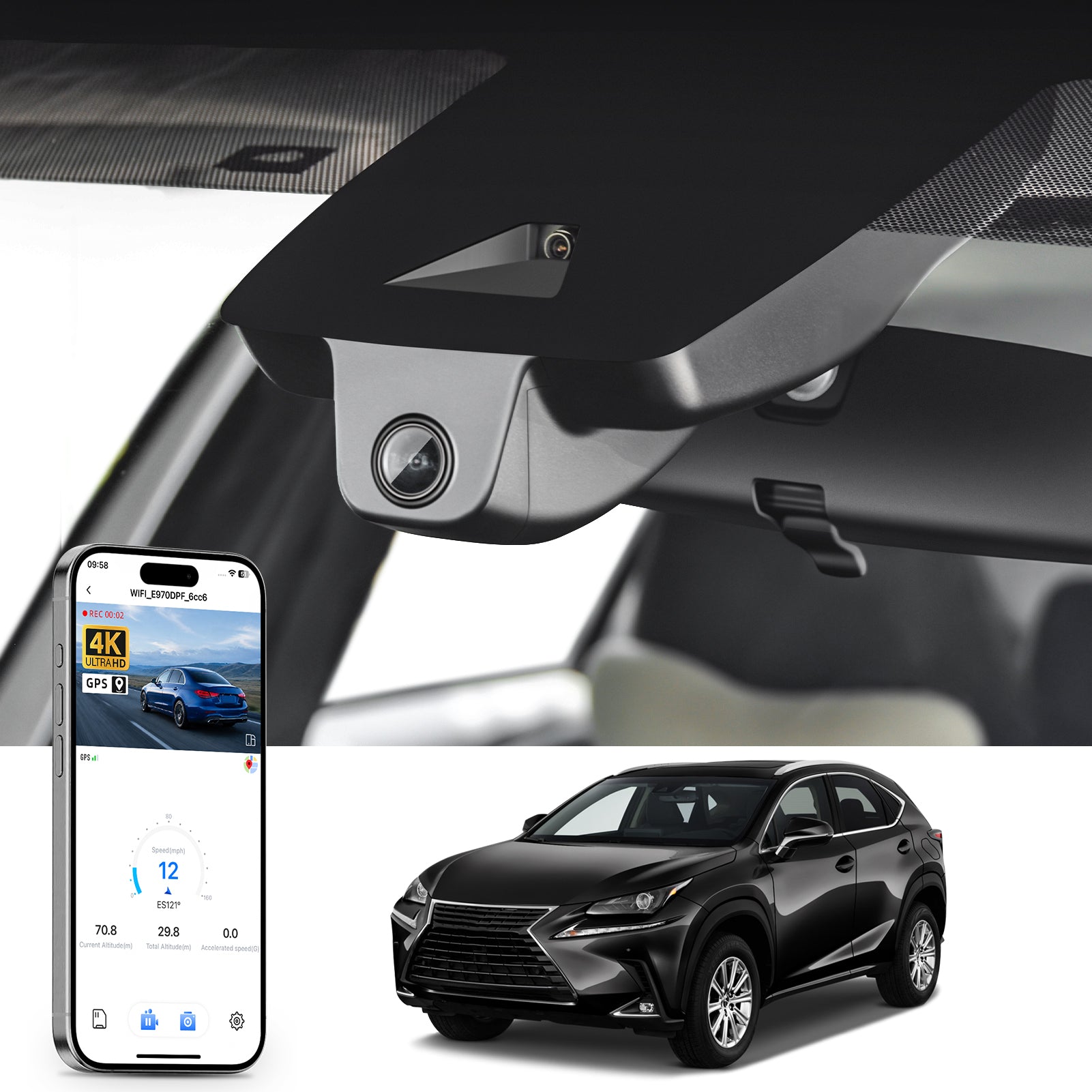 Mangoal rearview mirror built-in dash cam with smartphone app control, 4K Ultra HD recording, GPS tracking, and Lexus NX models in the background.