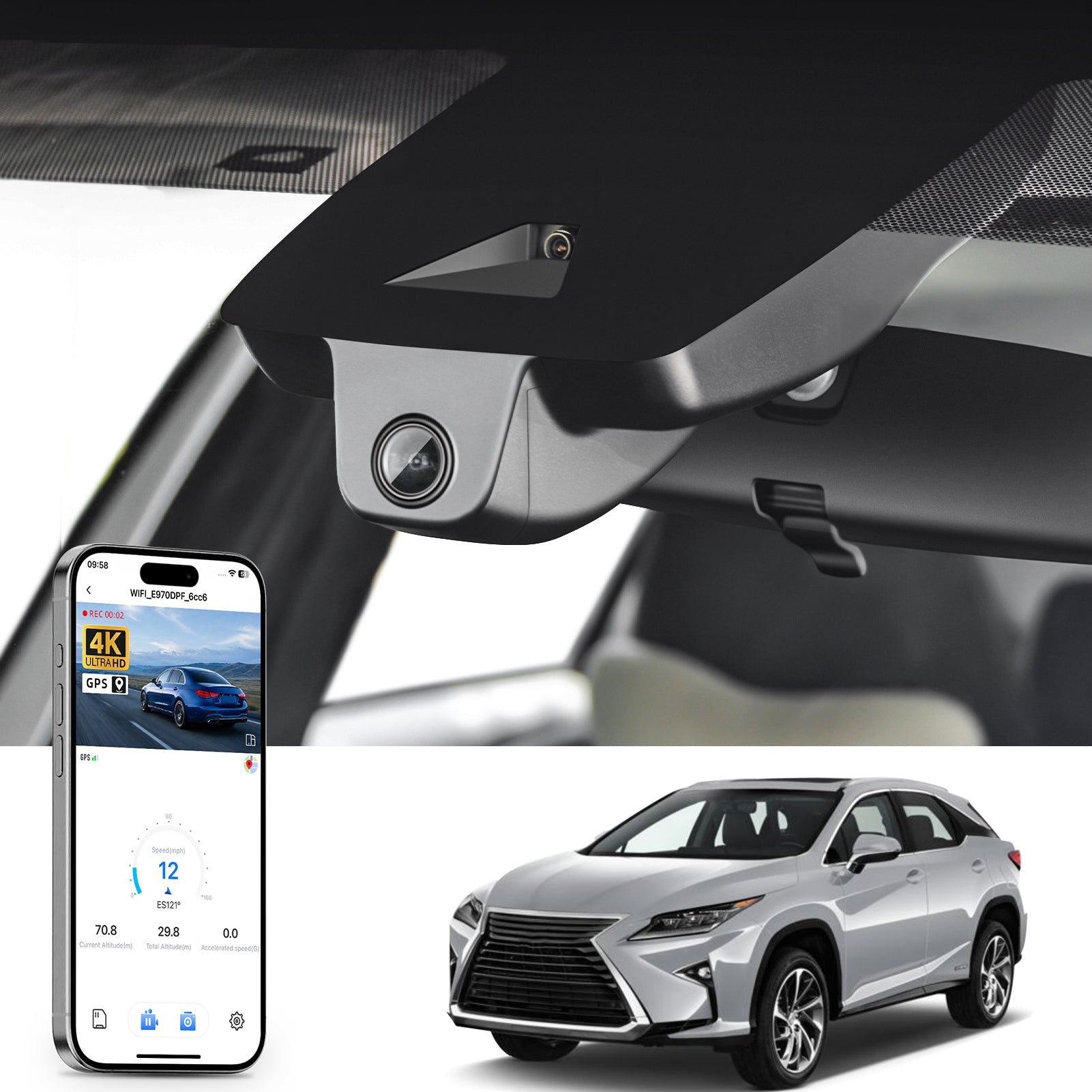 Mangoal rearview mirror built-in dash cam with smartphone app control, 4K Ultra HD recording, GPS tracking, and Lexus RX models in the background.