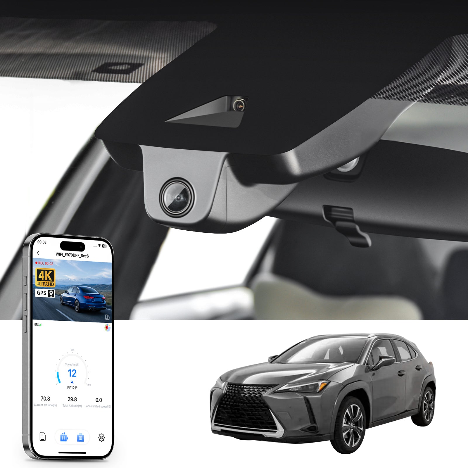 Mangoal rearview mirror built-in dash cam with smartphone app control, 4K Ultra HD recording, GPS tracking, and Lexus UX models in the background.