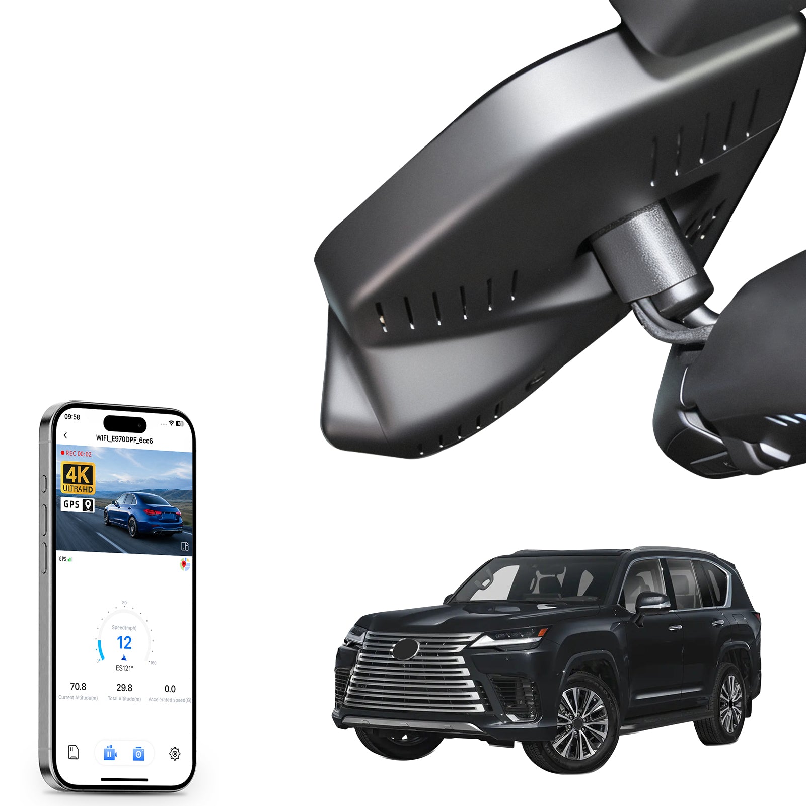 Mangoal rearview mirror built-in dash cam with smartphone app control, 4K Ultra HD recording, GPS tracking, and Lexus LX models in the background.