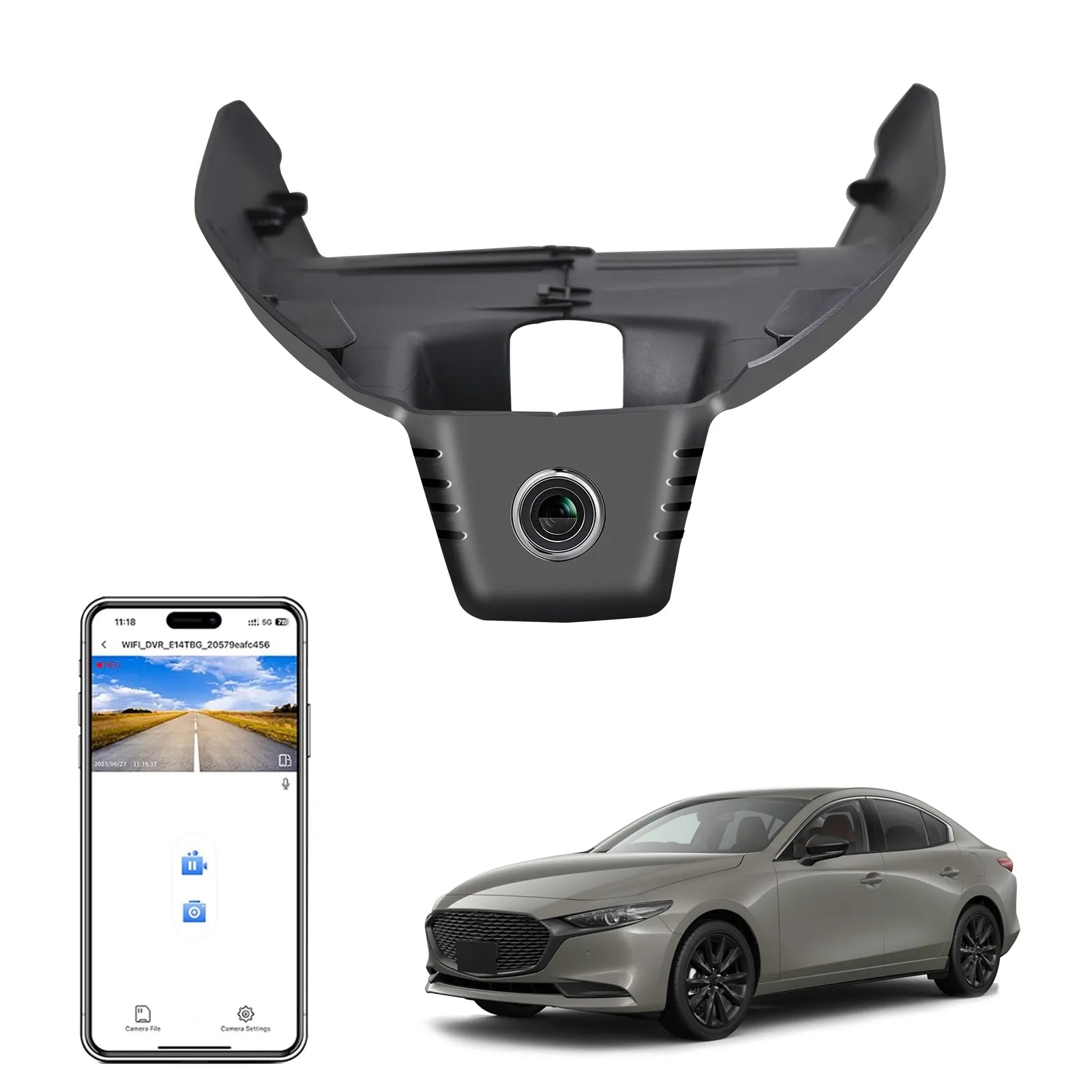Mangoal rearview mirror built-in dash cam with smartphone app control, 4K Ultra HD recording, GPS tracking, and  Mazda 3 models in the background.