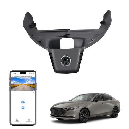 MANGOAL rearview mirror built-in dash cam with smartphone app control, 4K Ultra HD recording, GPS tracking, and  Mazda 3 models in the background.