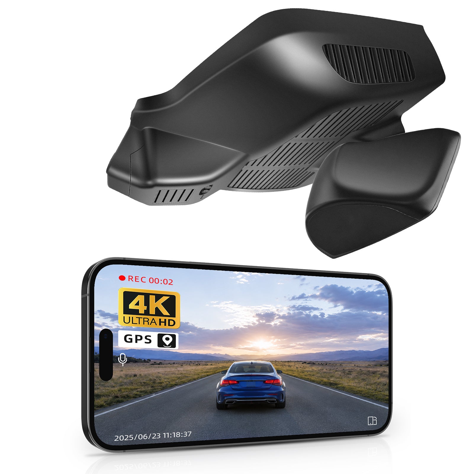 Mangoal rearview mirror built-in dash cam with smartphone app control, 4K Ultra HD recording, GPS tracking, and Mercedes-Benz E-Class Gen6 models in the background