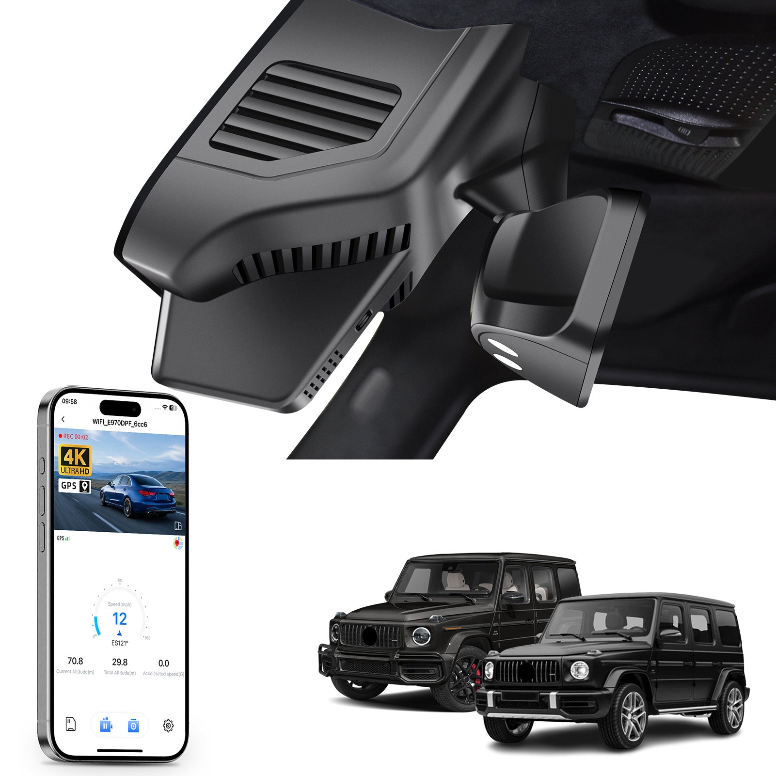 Mangoal rearview mirror built-in dash cam with smartphone app control, 4K Ultra HD recording, GPS tracking, and Mercedes-Benz G-Class models in the background.
