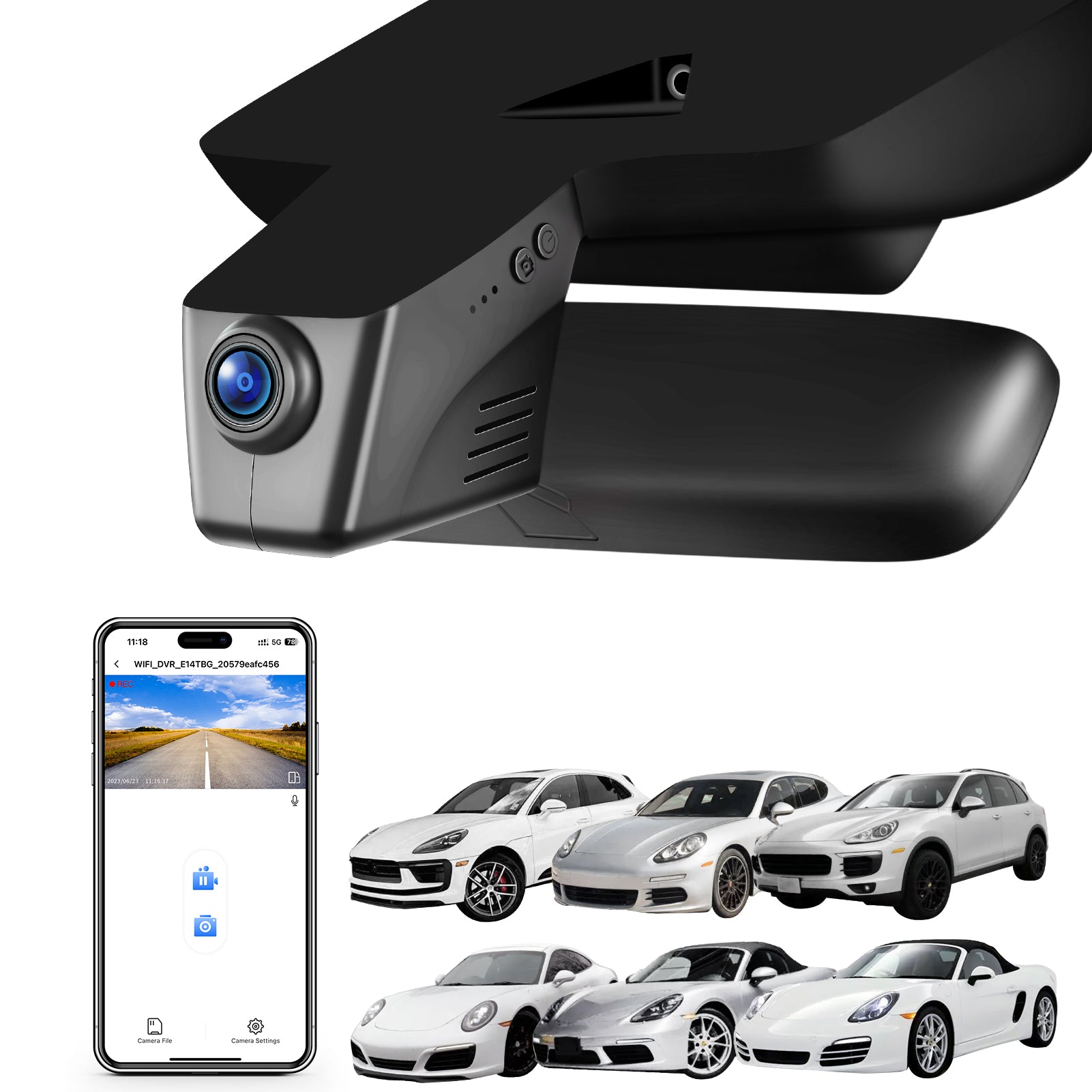 Mangoal rearview mirror built-in dash cam with smartphone app control, 4K Ultra HD recording, GPS tracking, and Porsche models in the background.