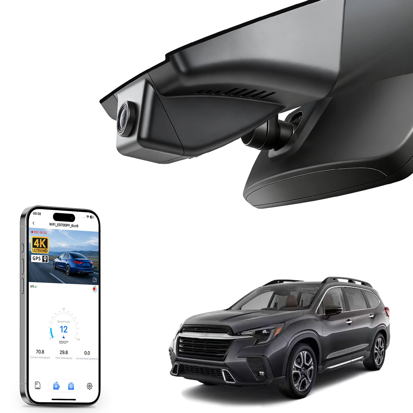 Mangoal rearview mirror built-in dash cam with smartphone app control, 4K Ultra HD recording, GPS tracking, and Subaru Ascent models in the background.