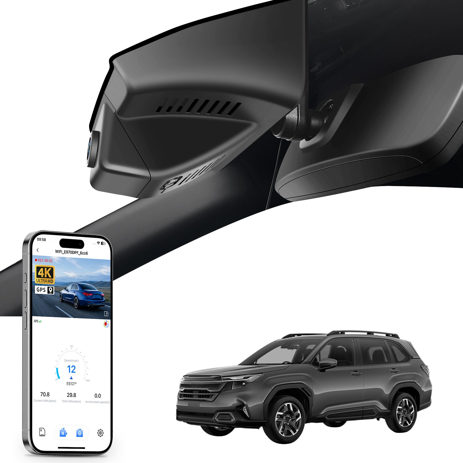 Mangoal rearview mirror built-in dash cam with smartphone app control, 4K Ultra HD recording, GPS tracking, and Subaru Forester models in the background.
