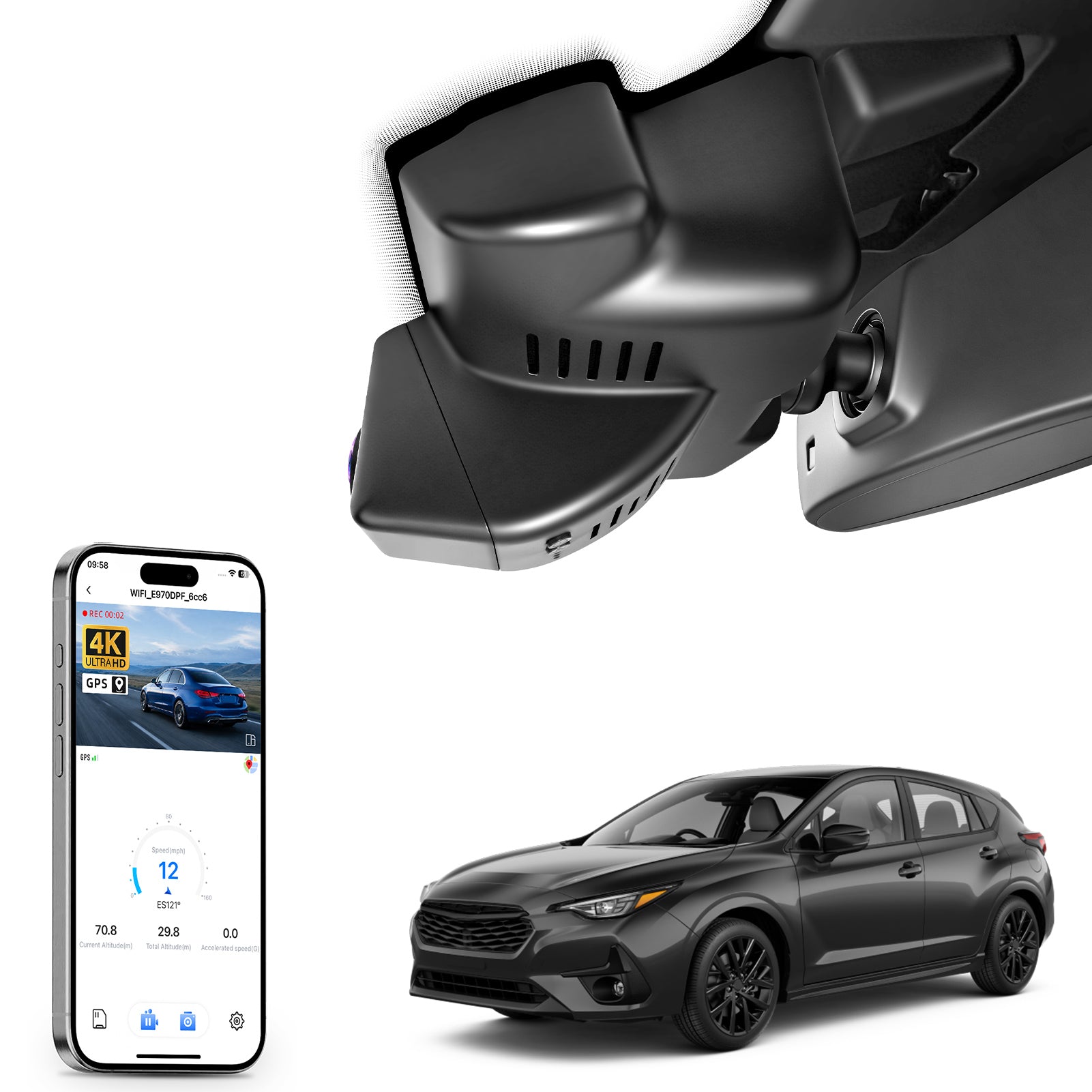 Mangoal rearview mirror built-in dash cam with smartphone app control, 4K Ultra HD recording, GPS tracking, and Subaru Impreza models in the background.