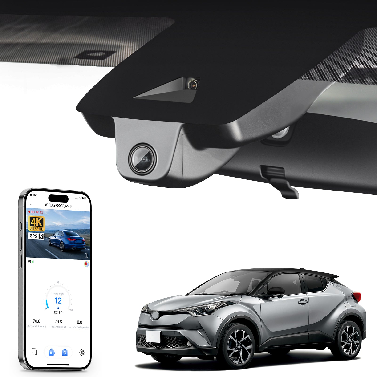 Mangoal rearview mirror built-in dash cam with smartphone app control, 4K Ultra HD recording, GPS tracking, and Toyota C-HR models in the background.
