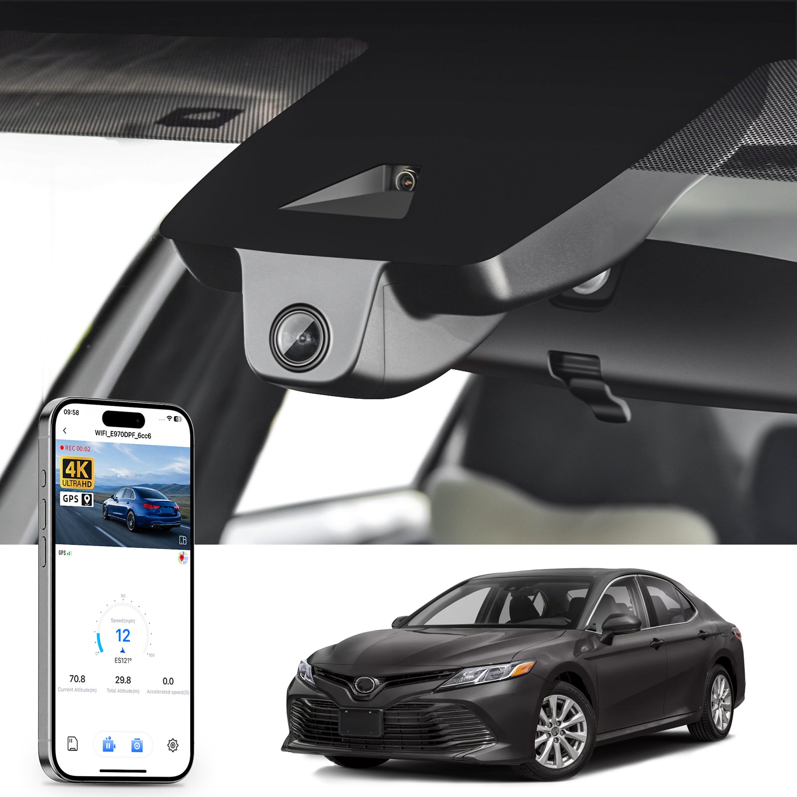 Mangoal rearview mirror built-in dash cam with smartphone app control, 4K Ultra HD recording, GPS tracking, and Toyota Camry models in the background.