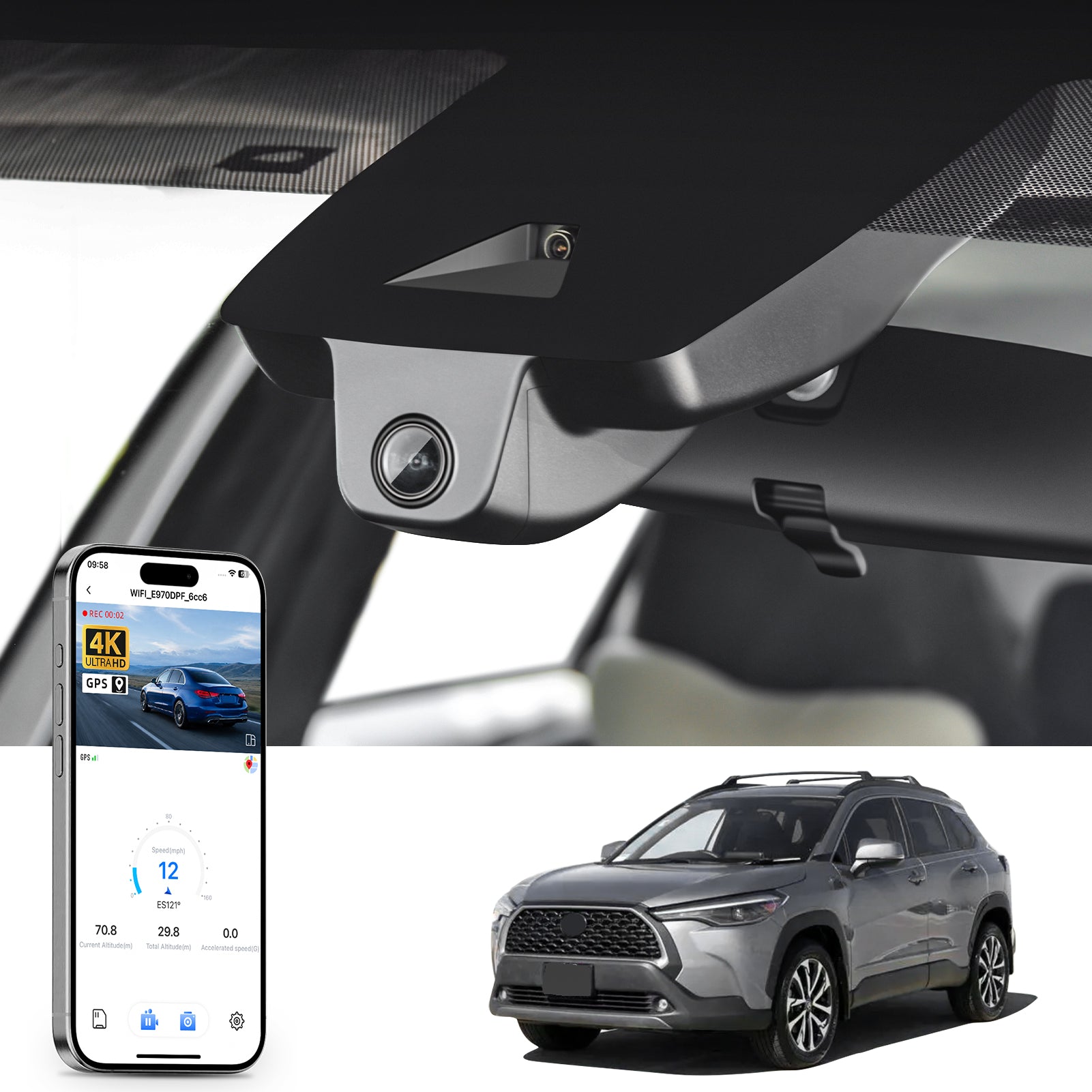 Mangoal rearview mirror built-in dash cam with smartphone app control, 4K Ultra HD recording, GPS tracking, and Toyota Corolla Cross models in the background.