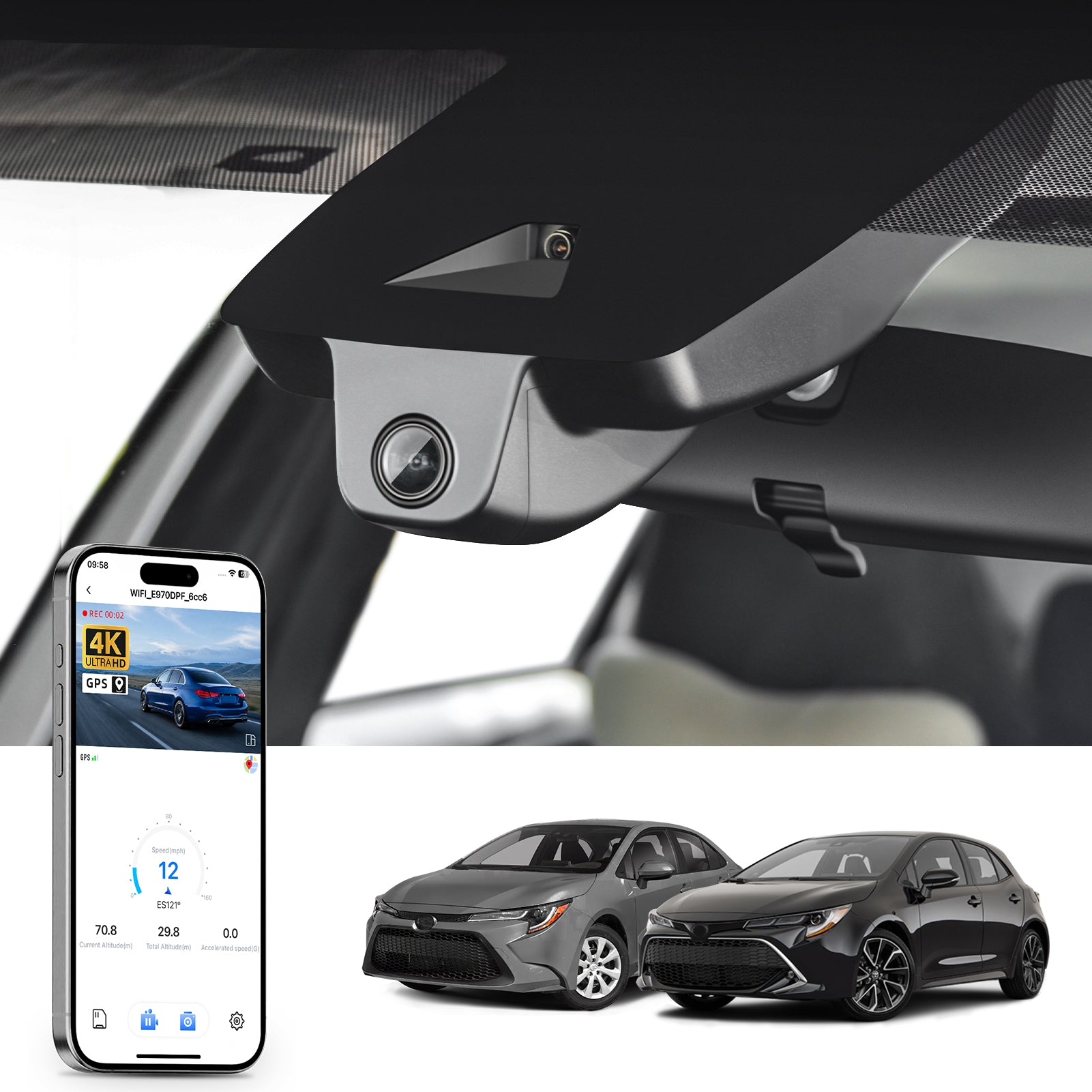 Mangoal rearview mirror built-in dash cam with smartphone app control, 4K Ultra HD recording, GPS tracking, and Toyota Corolla models in the background.