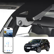 Mangoal rearview mirror built-in dash cam with smartphone app control, 4K Ultra HD recording, GPS tracking, and Toyota Highlander models in the background.