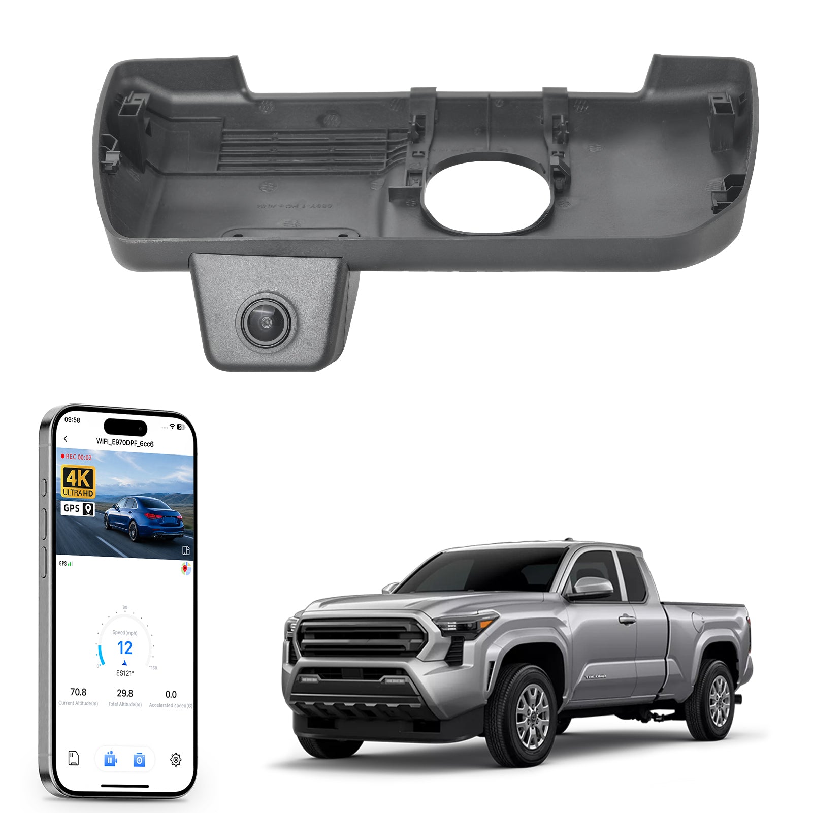 Mangoal rearview mirror built-in dash cam with smartphone app control, 4K Ultra HD recording, GPS tracking, and Toyota Tacoma models in the background.